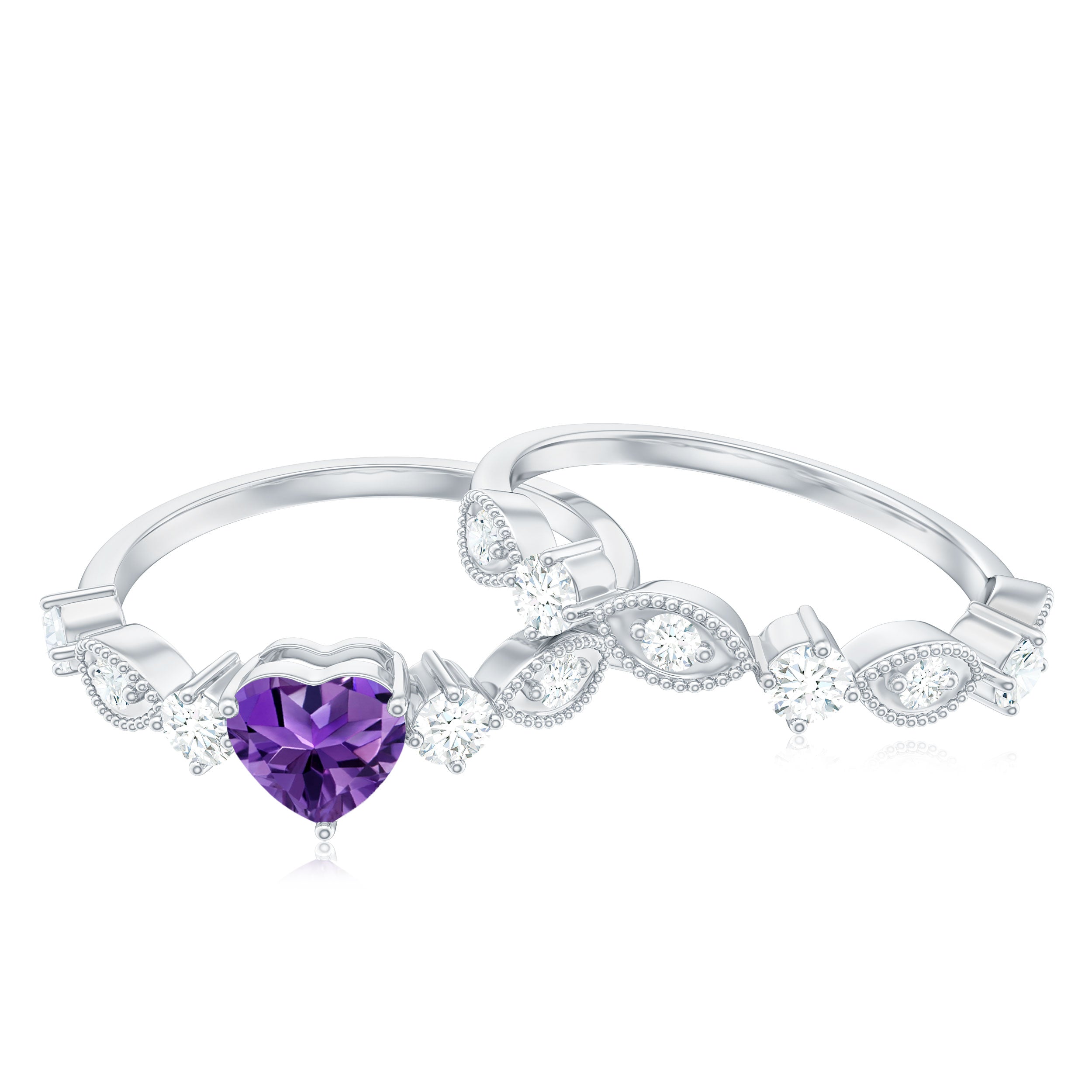 Heart Shape Amethyst Ring Set with Moissanite in Prong Setting Amethyst - ( AAA ) - Quality - Rosec Jewels