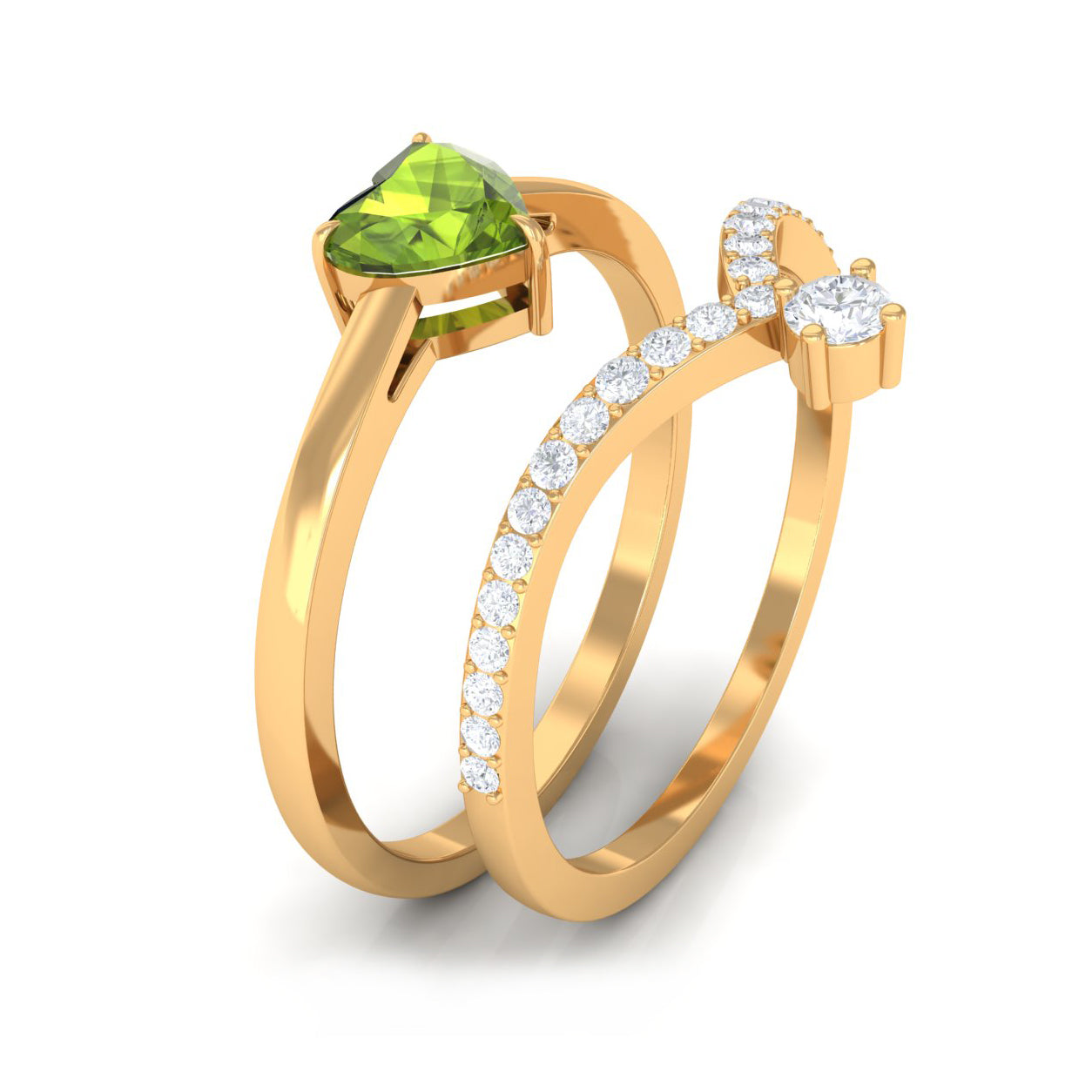 Natural Peridot Heart Ring Set with Diamond Peridot - ( AAA ) - Quality - Rosec Jewels