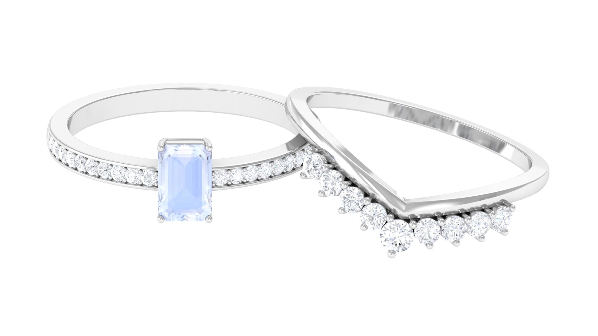 Emerald Cut Moonstone and Diamond Stackable Ring Set Moonstone - ( AAA ) - Quality - Rosec Jewels