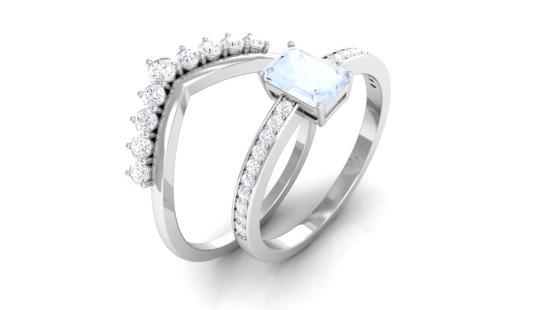 Emerald Cut Moonstone and Diamond Stackable Ring Set Moonstone - ( AAA ) - Quality - Rosec Jewels