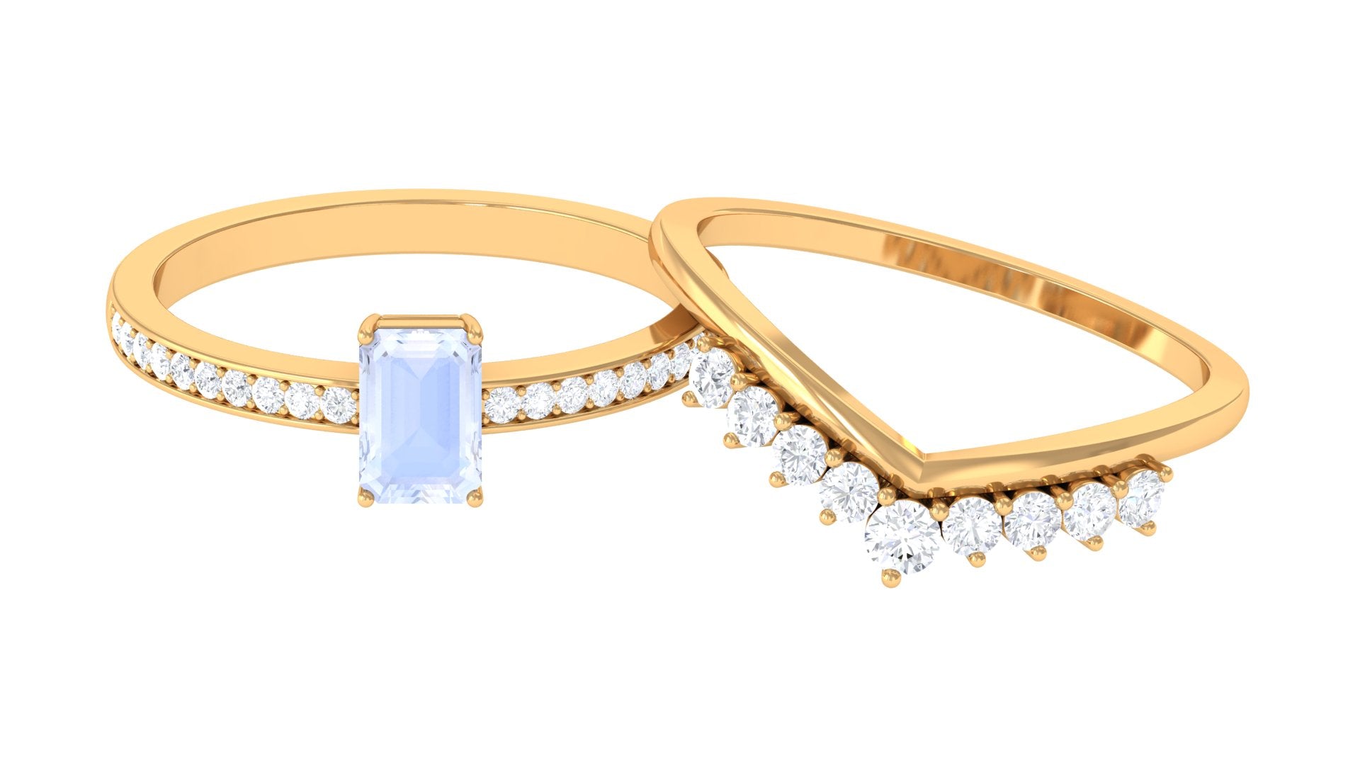 Emerald Cut Moonstone and Diamond Stackable Ring Set Moonstone - ( AAA ) - Quality - Rosec Jewels