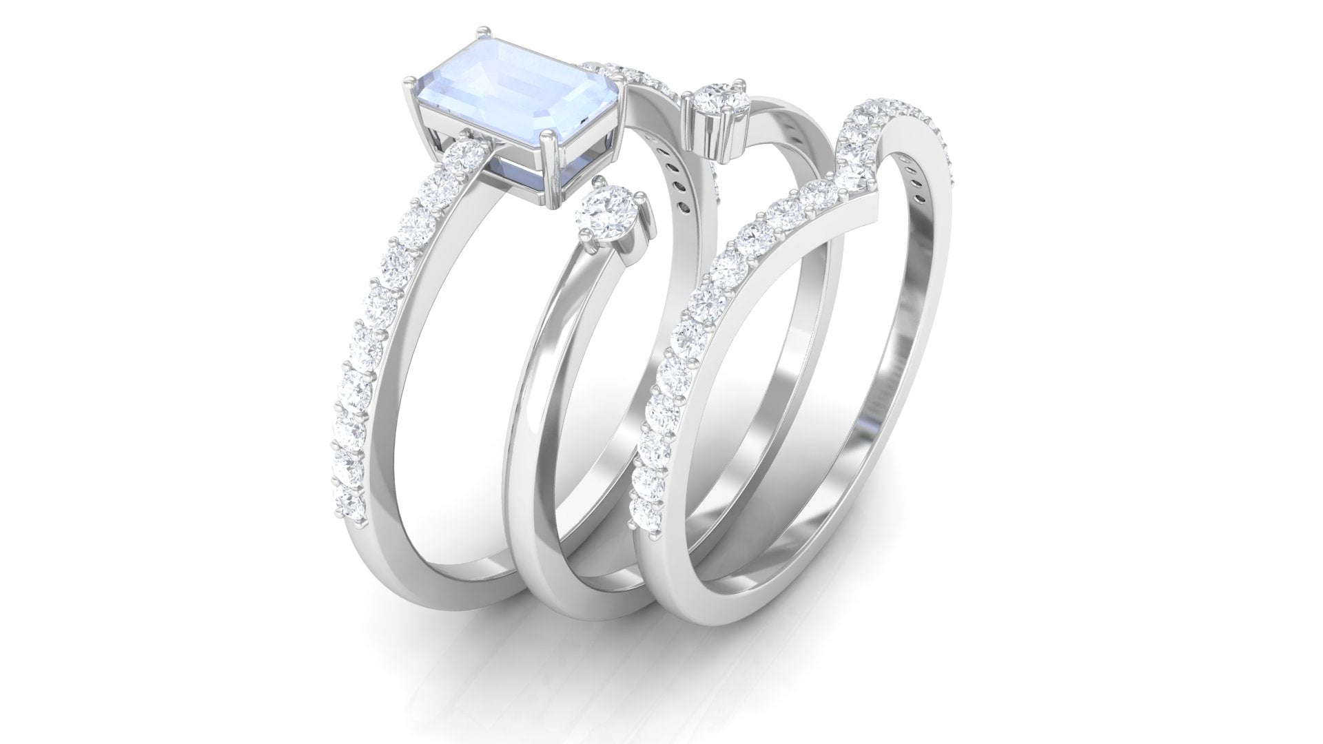 Natural Moonstone and Diamond Stackable Ring Set Moonstone - ( AAA ) - Quality - Rosec Jewels