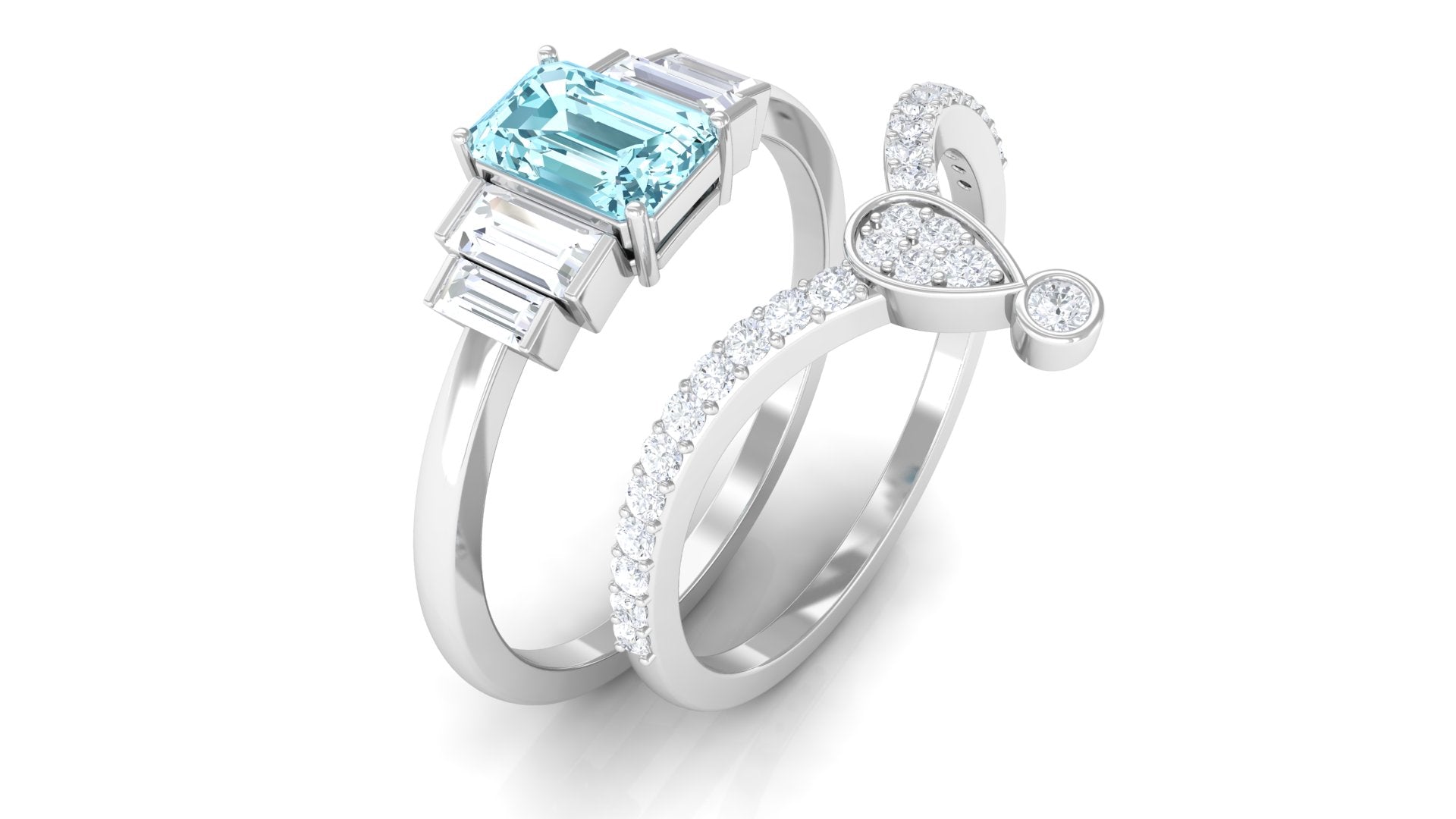 Real Aquamarine and Moissanite Stackable Ring Set Aquamarine - ( AAA ) - Quality - Rosec Jewels