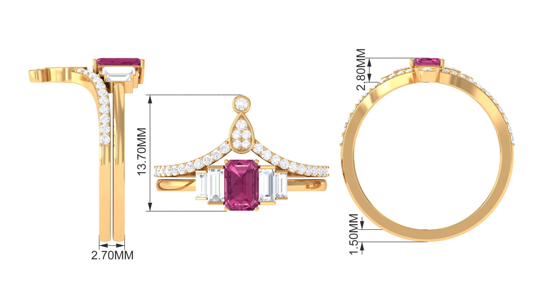 Pink Tourmaline Stackable Ring Set with Moissanite Pink Tourmaline - ( AAA ) - Quality - Rosec Jewels