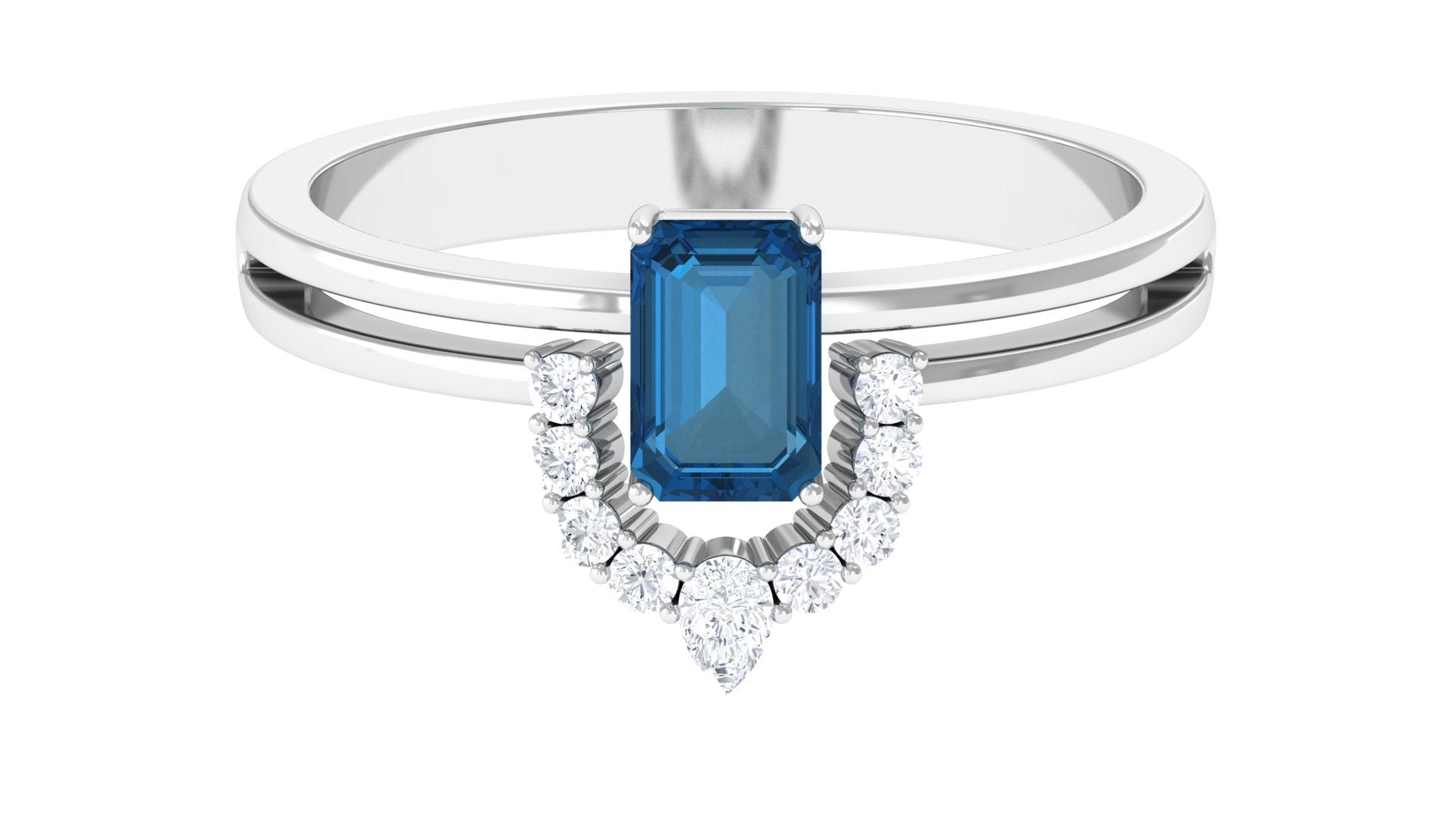 London Blue Topaz Double Band Ring with Diamond London Blue Topaz - ( AAA ) - Quality - Rosec Jewels