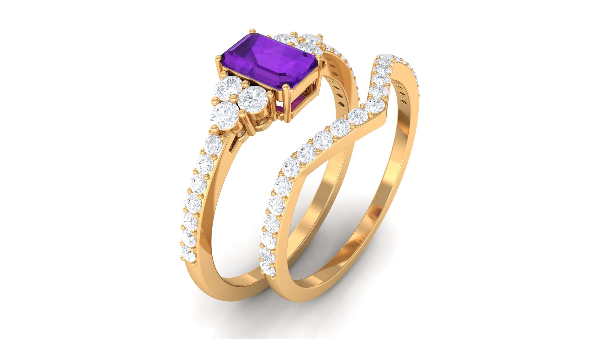 Real Amethyst Stackable Ring Set with Diamond Stones Amethyst - ( AAA ) - Quality - Rosec Jewels