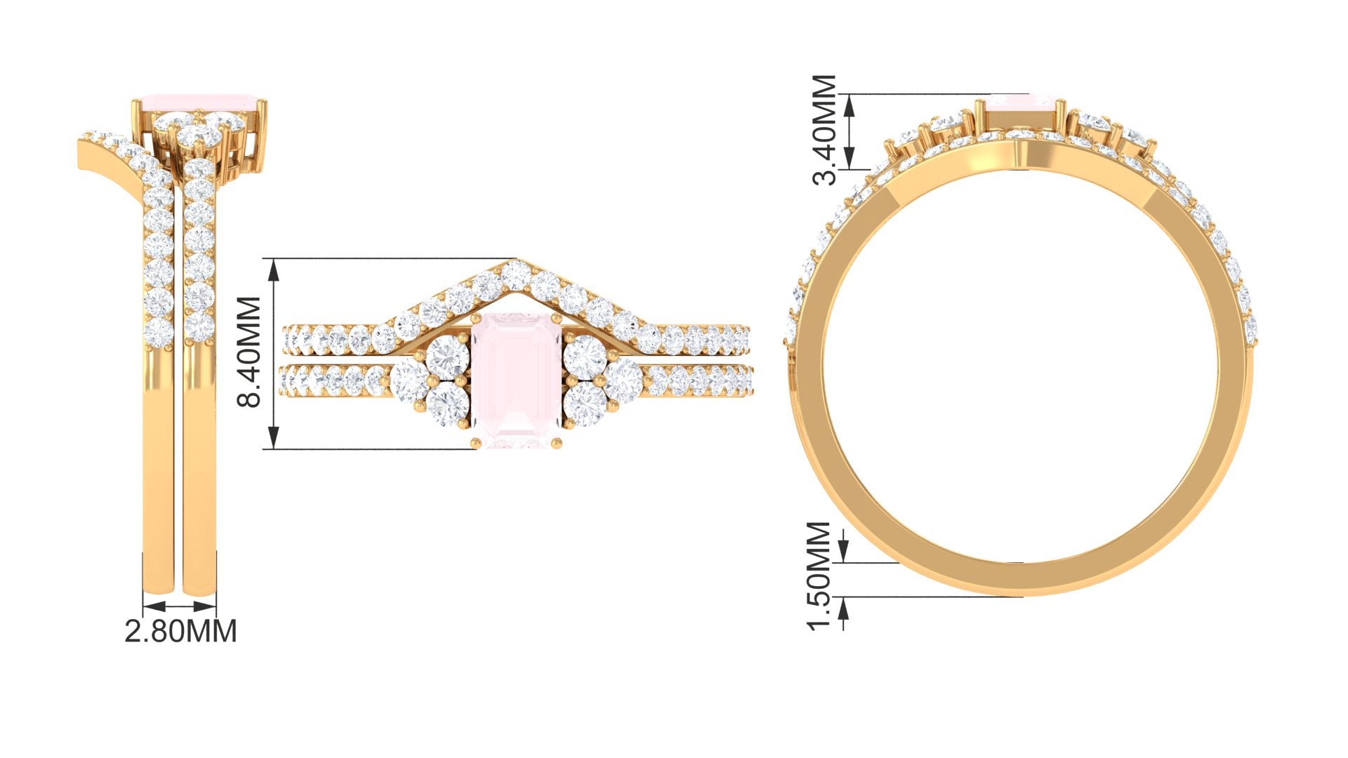 Emerald Cut Rose Quartz Stackable Ring Set with Diamond Rose Quartz - ( AAA ) - Quality - Rosec Jewels