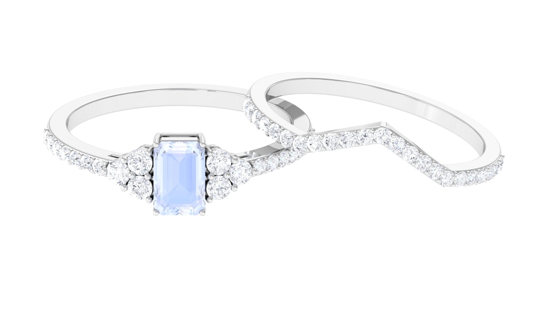 Natural Moonstone Stackable Ring Set with Diamond Moonstone - ( AAA ) - Quality - Rosec Jewels