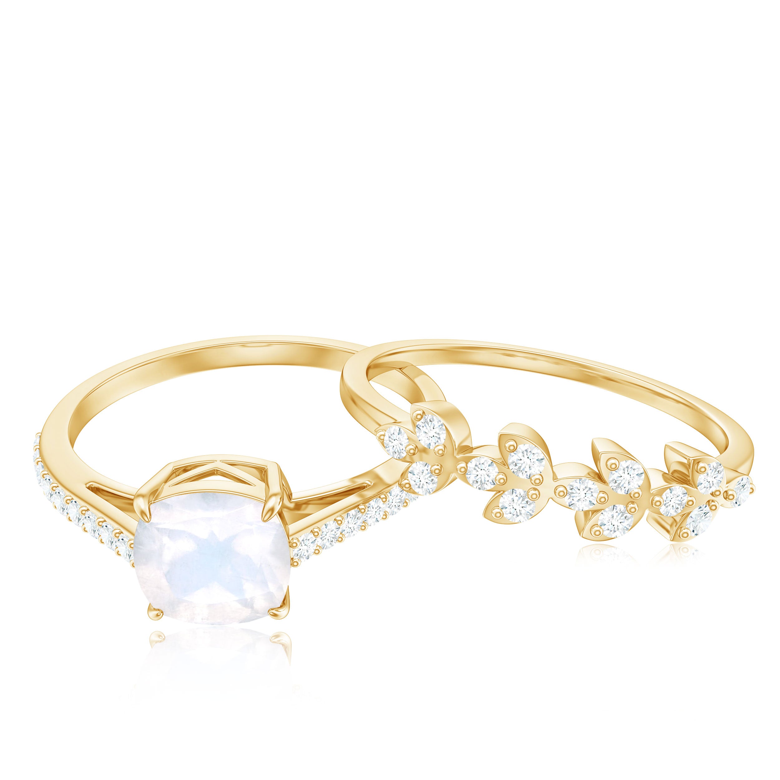 Cushion Cut Moonstone Stackable Ring Set with Diamond Moonstone - ( AAA ) - Quality - Rosec Jewels