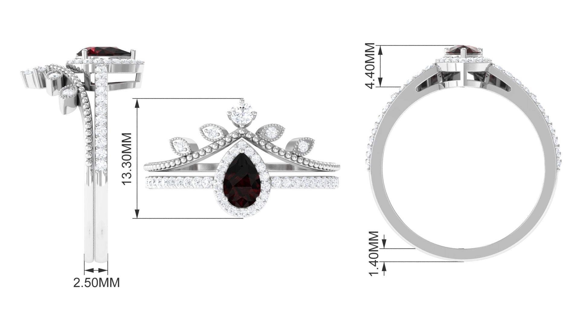 Garnet Vintage Teardrop Wedding Ring Set with Diamond Garnet - ( AAA ) - Quality - Rosec Jewels