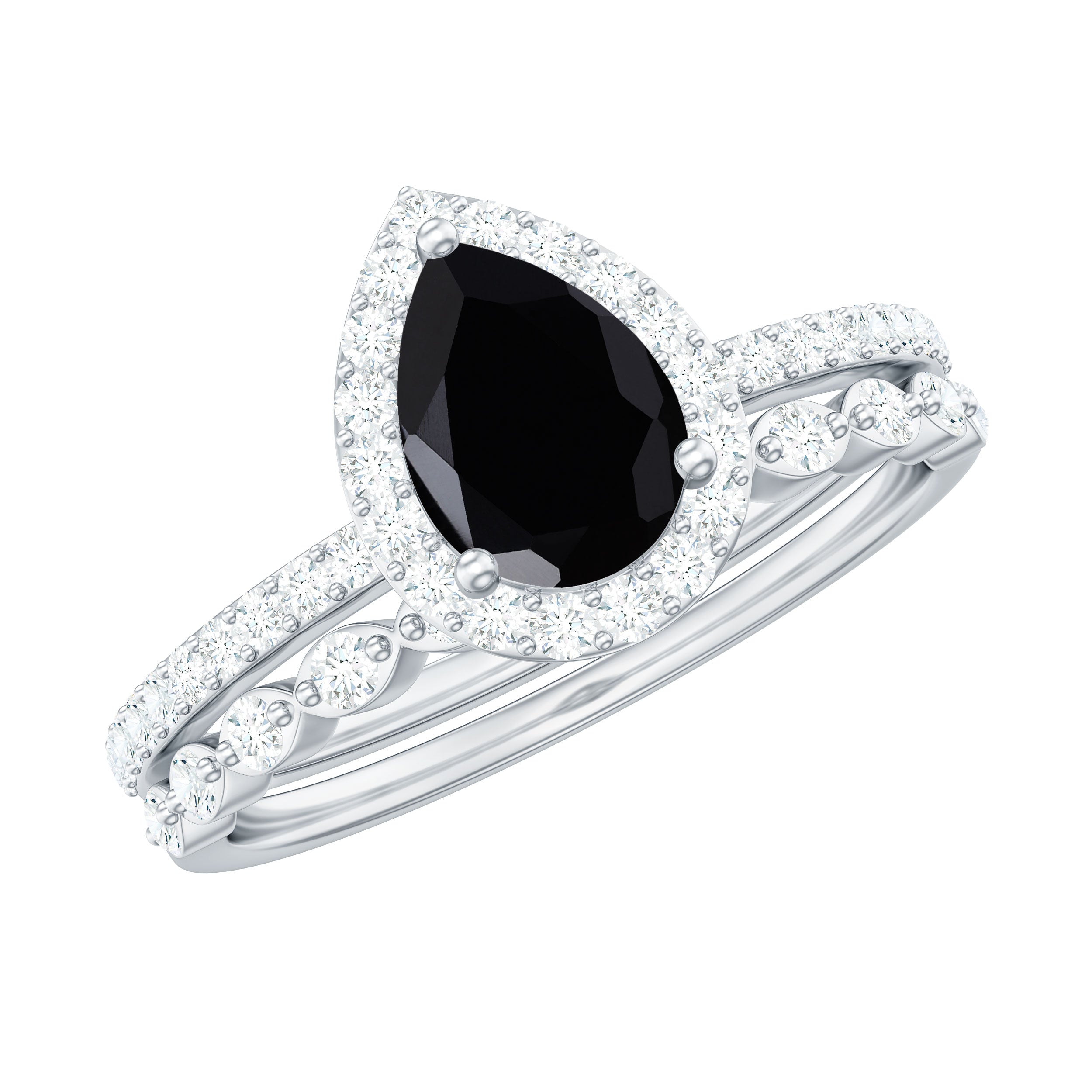 Teardrop Black Diamond Bridal Ring Set with Moissanite Black Diamond - ( AAA ) - Quality - Rosec Jewels