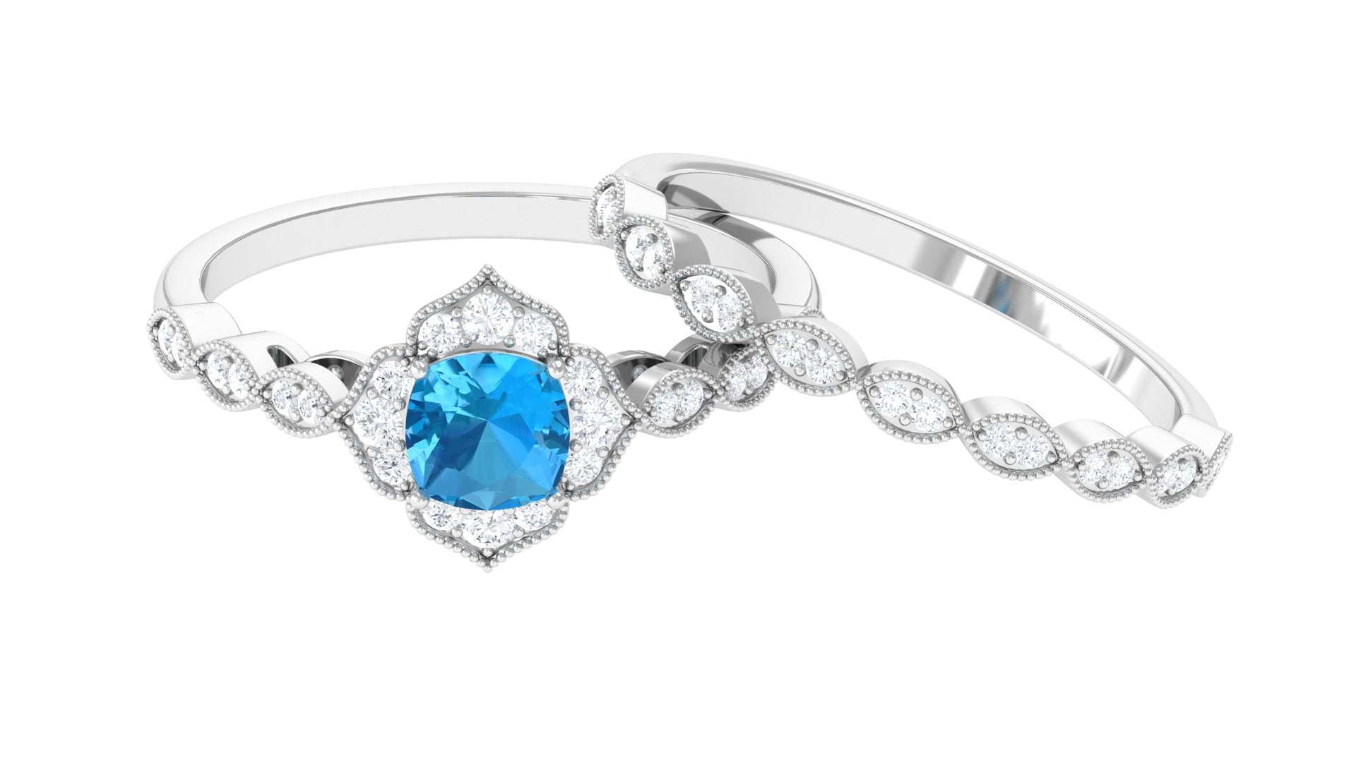 Swiss Blue Topaz Flower Ring Set with Diamond Swiss Blue Topaz - ( AAA ) - Quality - Rosec Jewels