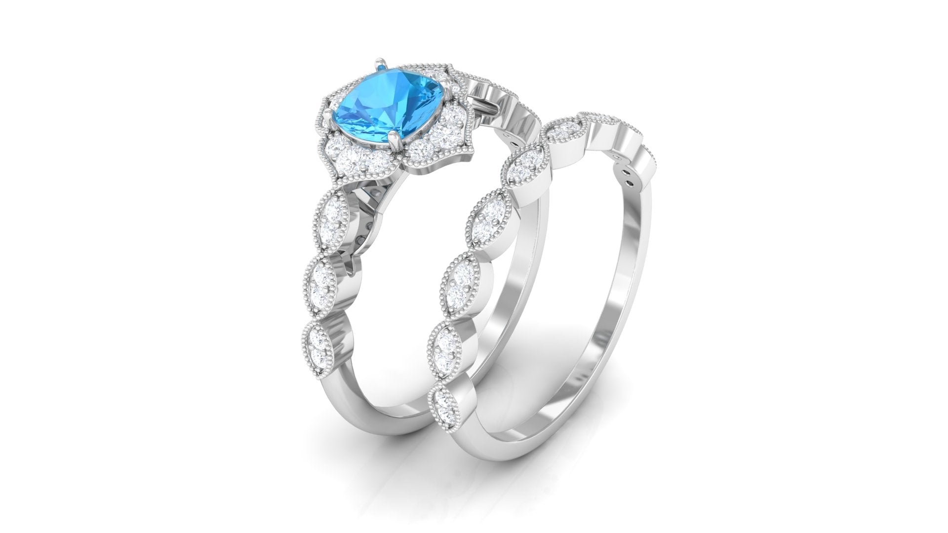 Swiss Blue Topaz Flower Ring Set with Diamond Swiss Blue Topaz - ( AAA ) - Quality - Rosec Jewels