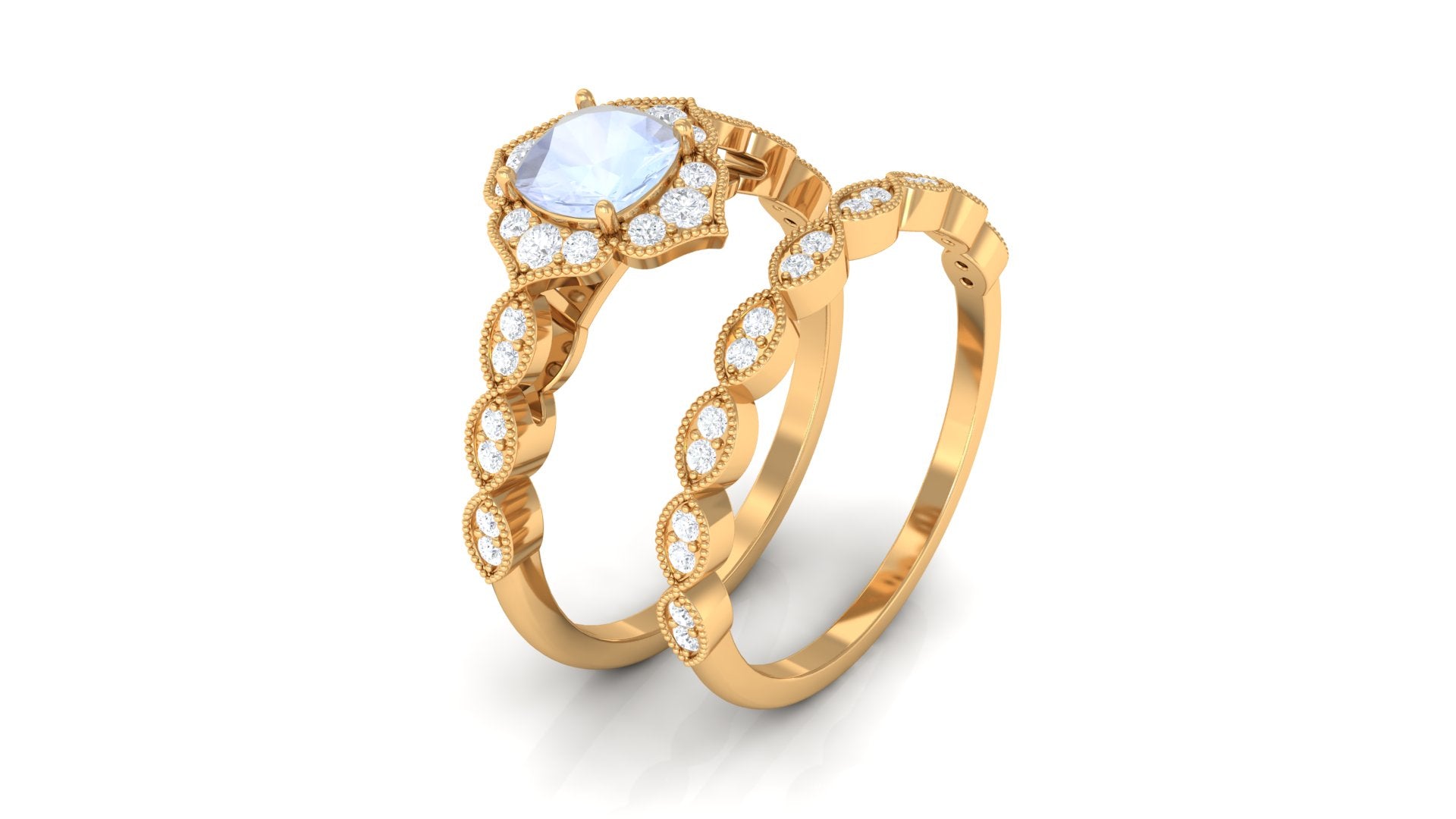 Moonstone Flower Ring Set with Diamond Moonstone - ( AAA ) - Quality - Rosec Jewels