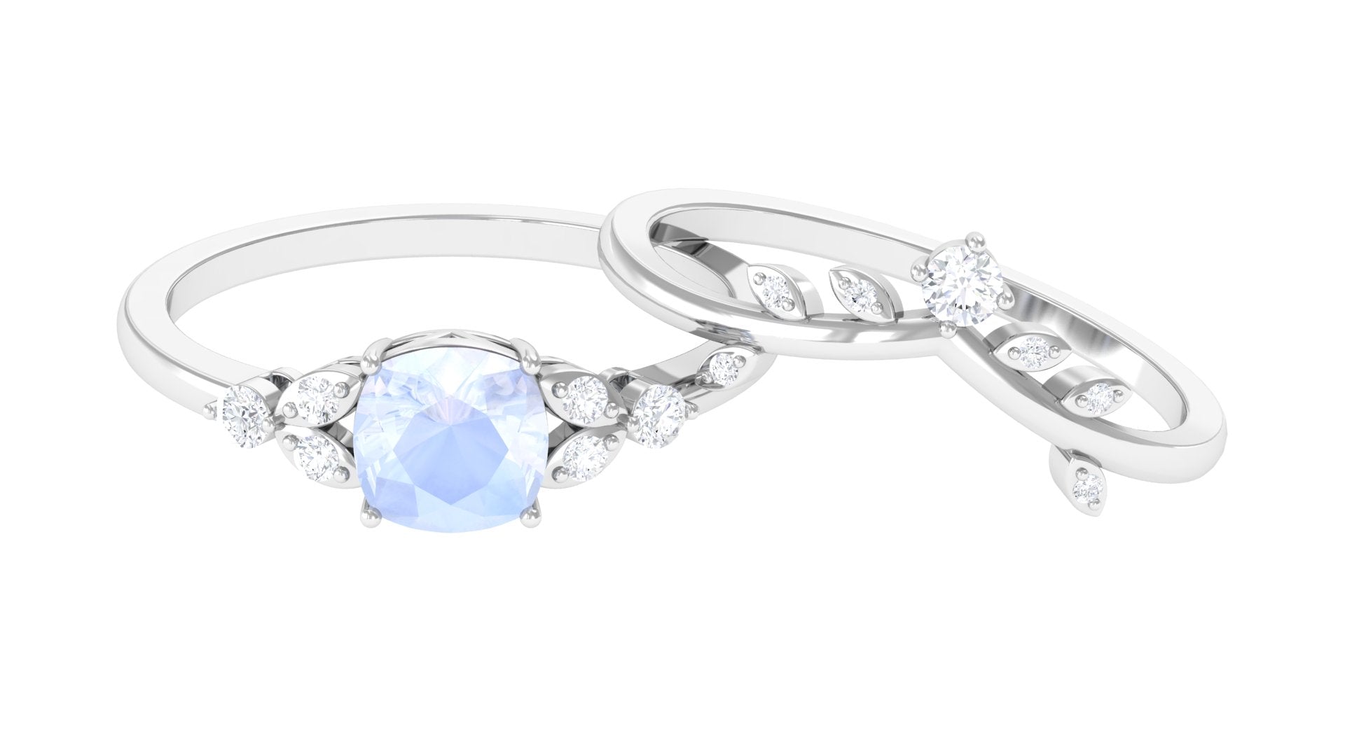 Moonstone and Diamond Ring Set with Leaf Motif Moonstone - ( AAA ) - Quality - Rosec Jewels