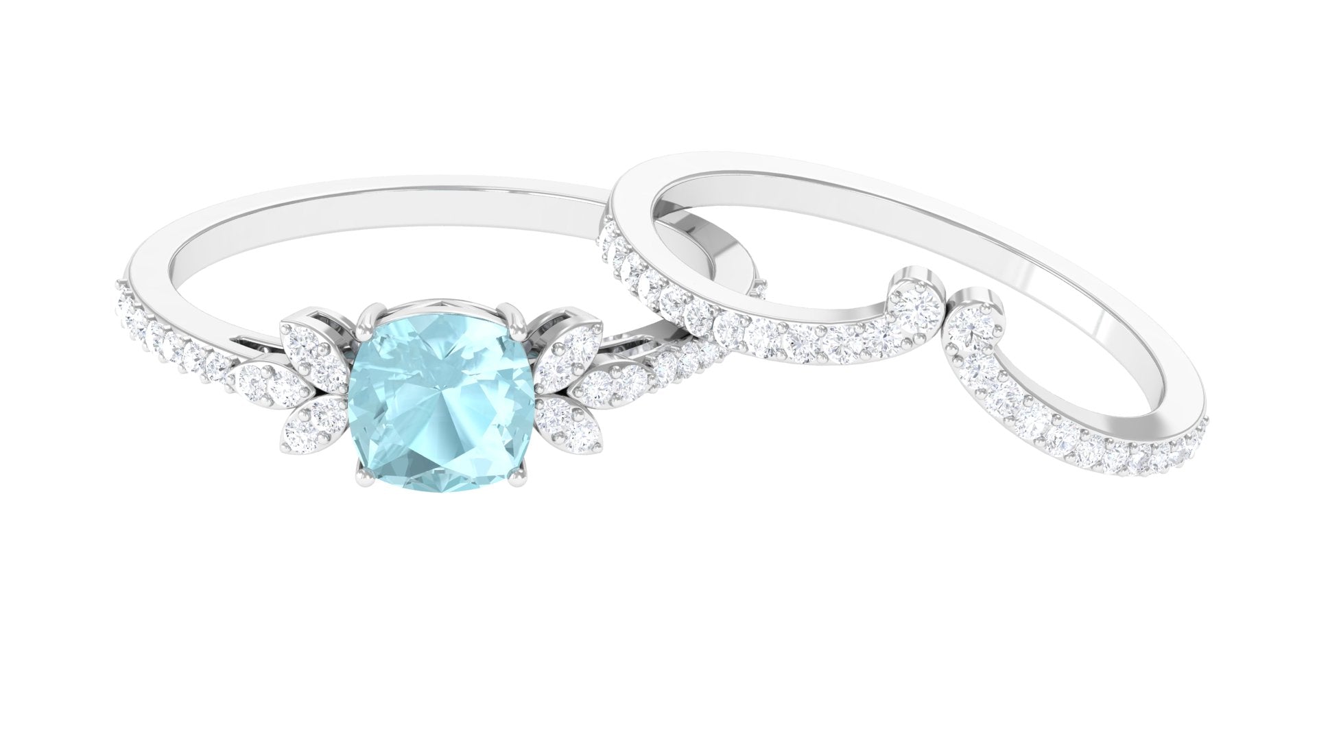 2 CT Cushion Cut Sky Blue Topaz and Diamond Bridal Ring Set Sky Blue Topaz - ( AAA ) - Quality - Rosec Jewels