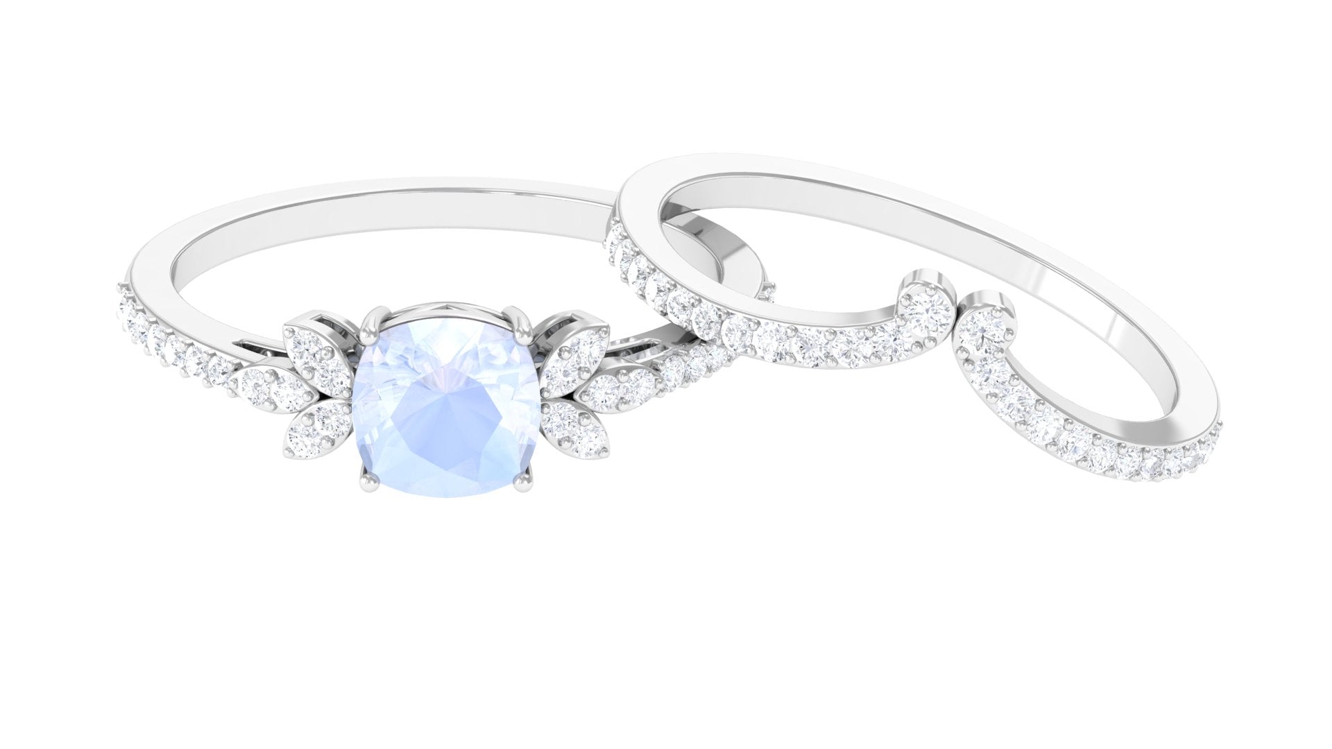 Cushion Cut Moonstone and Diamond Bridal Ring Set Moonstone - ( AAA ) - Quality - Rosec Jewels