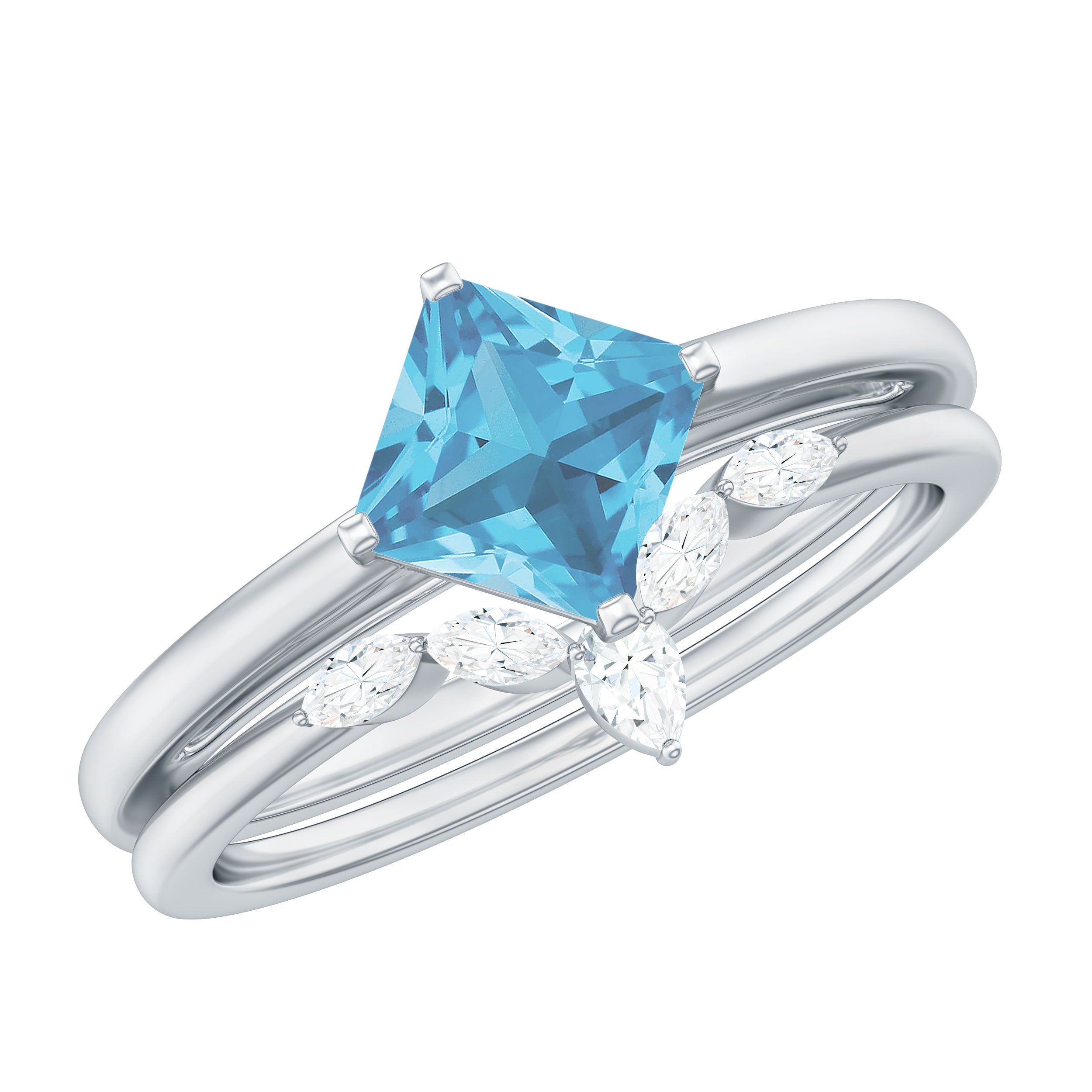 Princess Cut Swiss Blue Topaz Solitaire Ring Set with Diamond Swiss Blue Topaz - ( AAA ) - Quality - Rosec Jewels