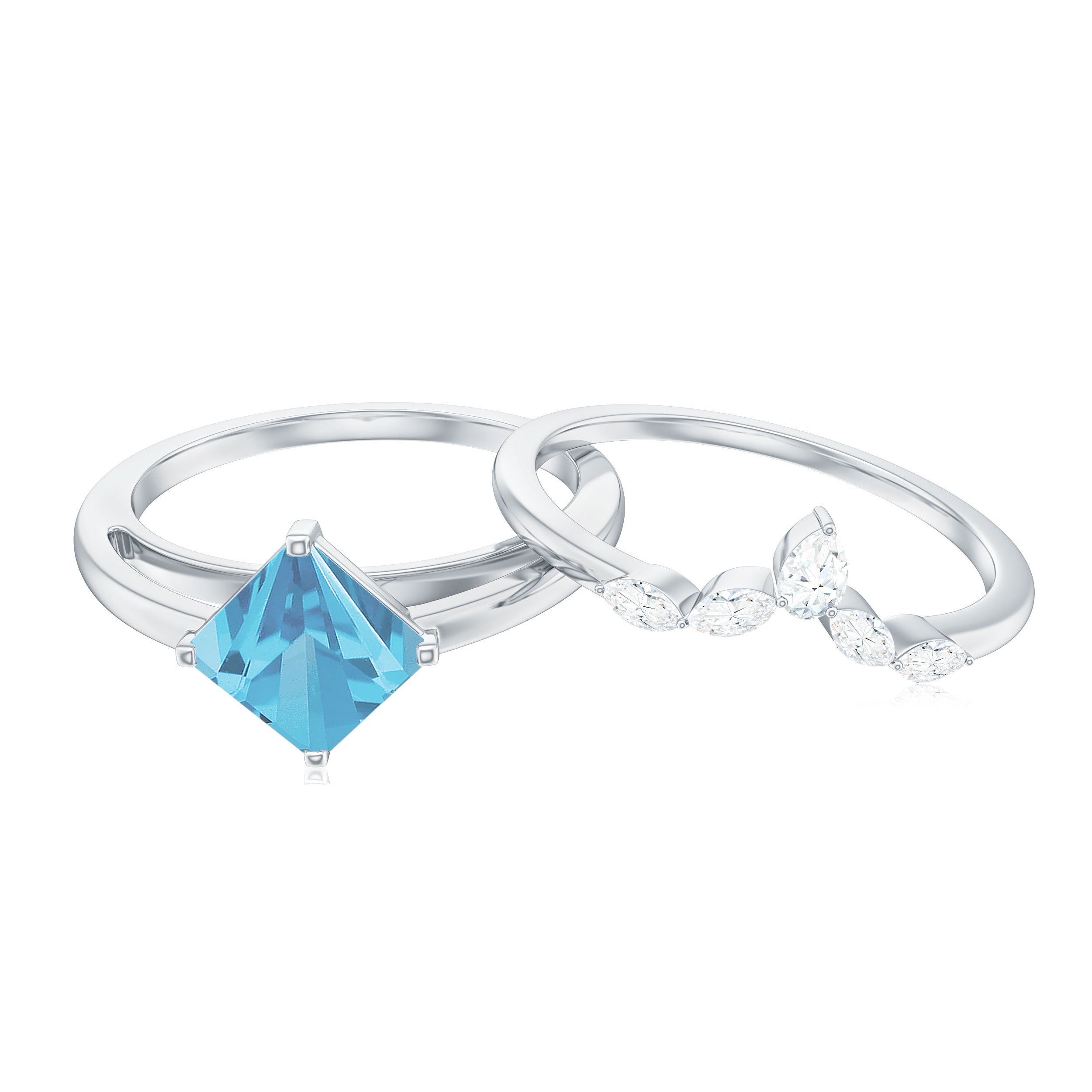 Princess Cut Swiss Blue Topaz Solitaire Ring Set with Diamond Swiss Blue Topaz - ( AAA ) - Quality - Rosec Jewels