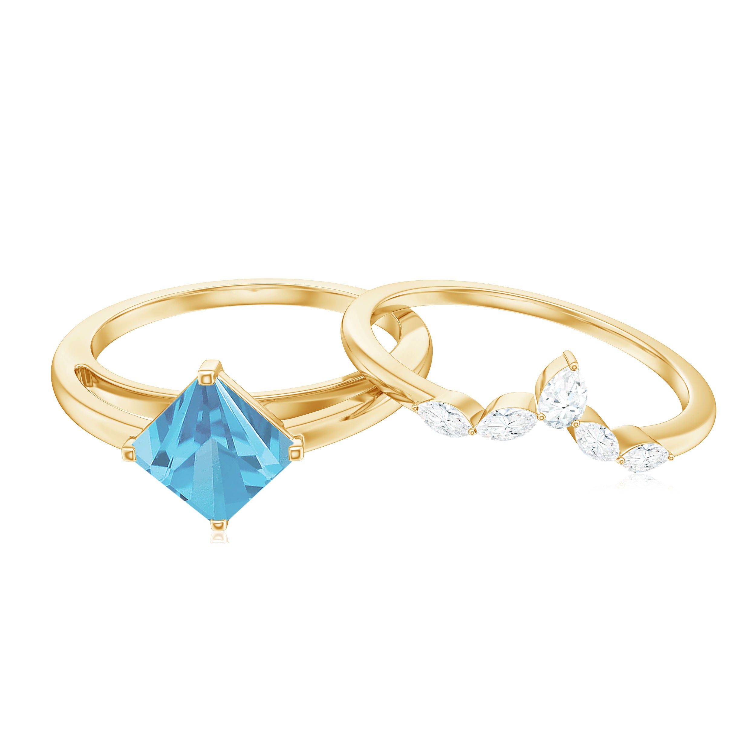 Princess Cut Swiss Blue Topaz Solitaire Ring Set with Diamond Swiss Blue Topaz - ( AAA ) - Quality - Rosec Jewels