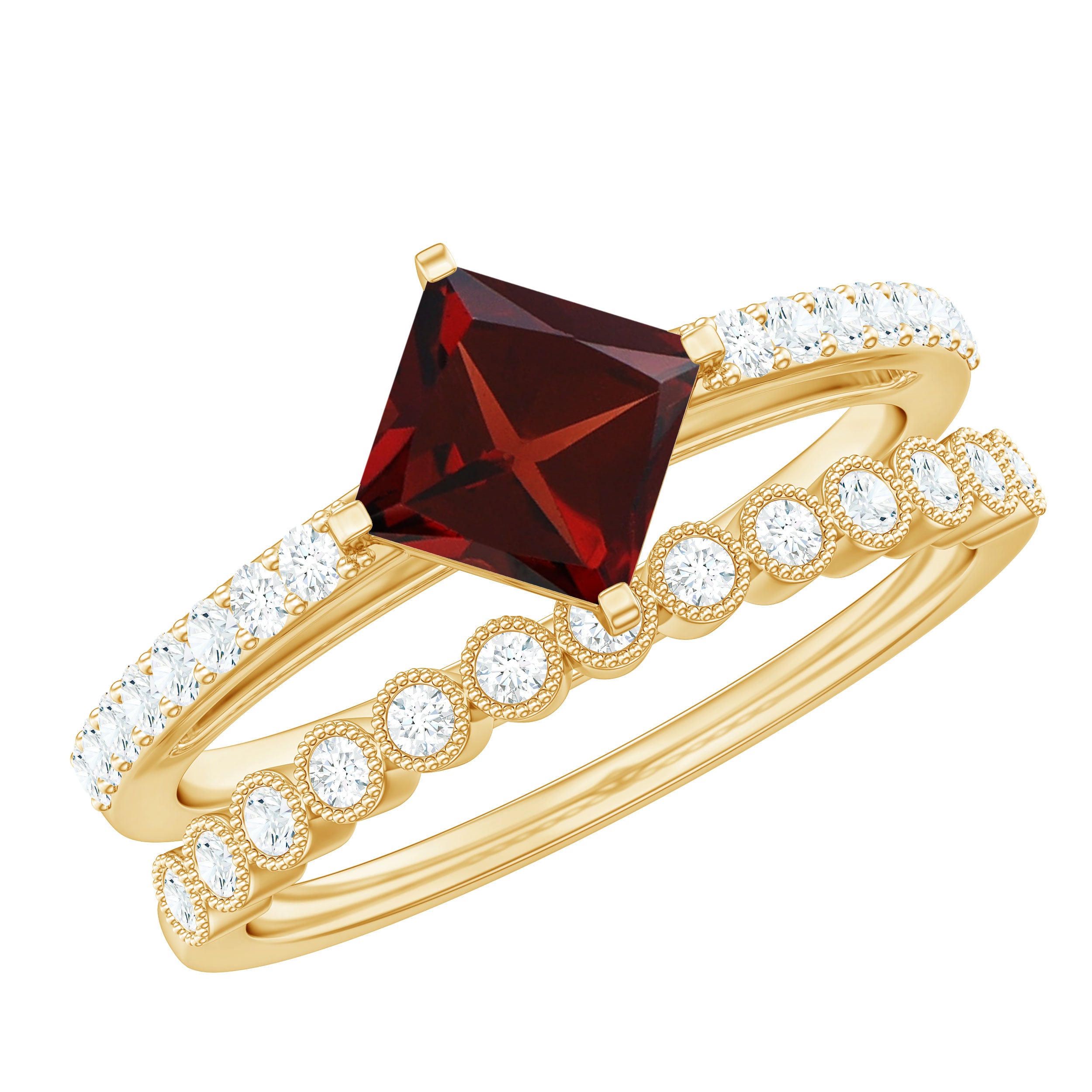 Solitaire Garnet and Diamond Ring Set Garnet - ( AAA ) - Quality - Rosec Jewels