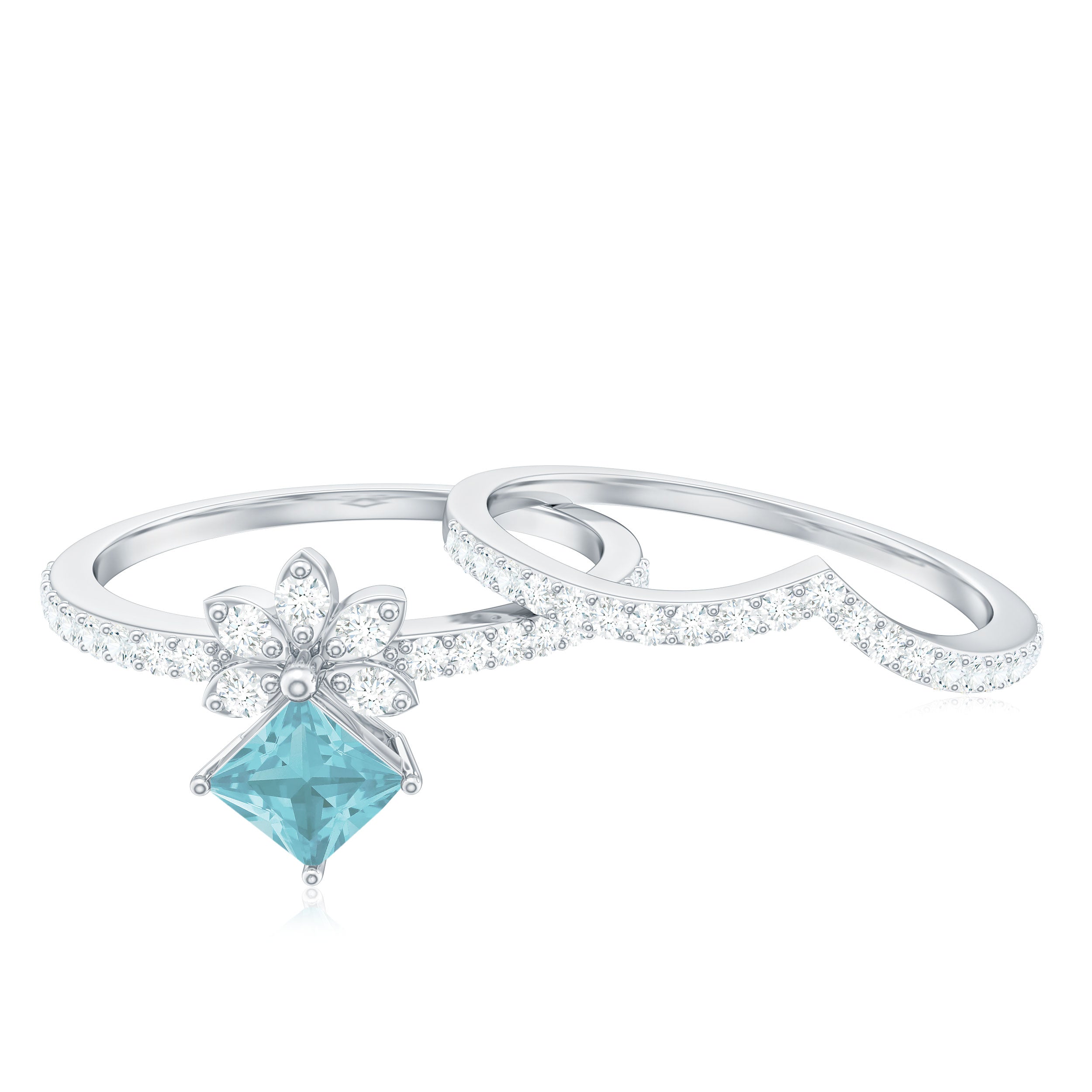 1.75 CT Princess Cut Sky Blue Topaz and Diamond Flower Ring Set Sky Blue Topaz - ( AAA ) - Quality - Rosec Jewels