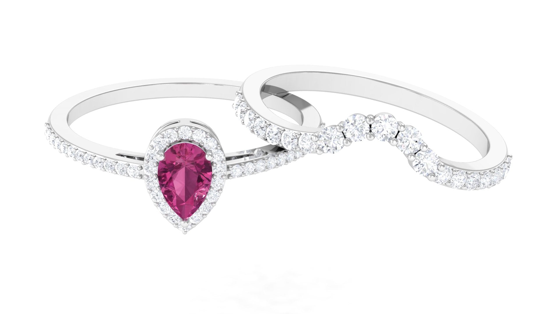 Pink tourmaline Designer Teardrop Ring Set with Moissanite Halo Pink Tourmaline - ( AAA ) - Quality - Rosec Jewels