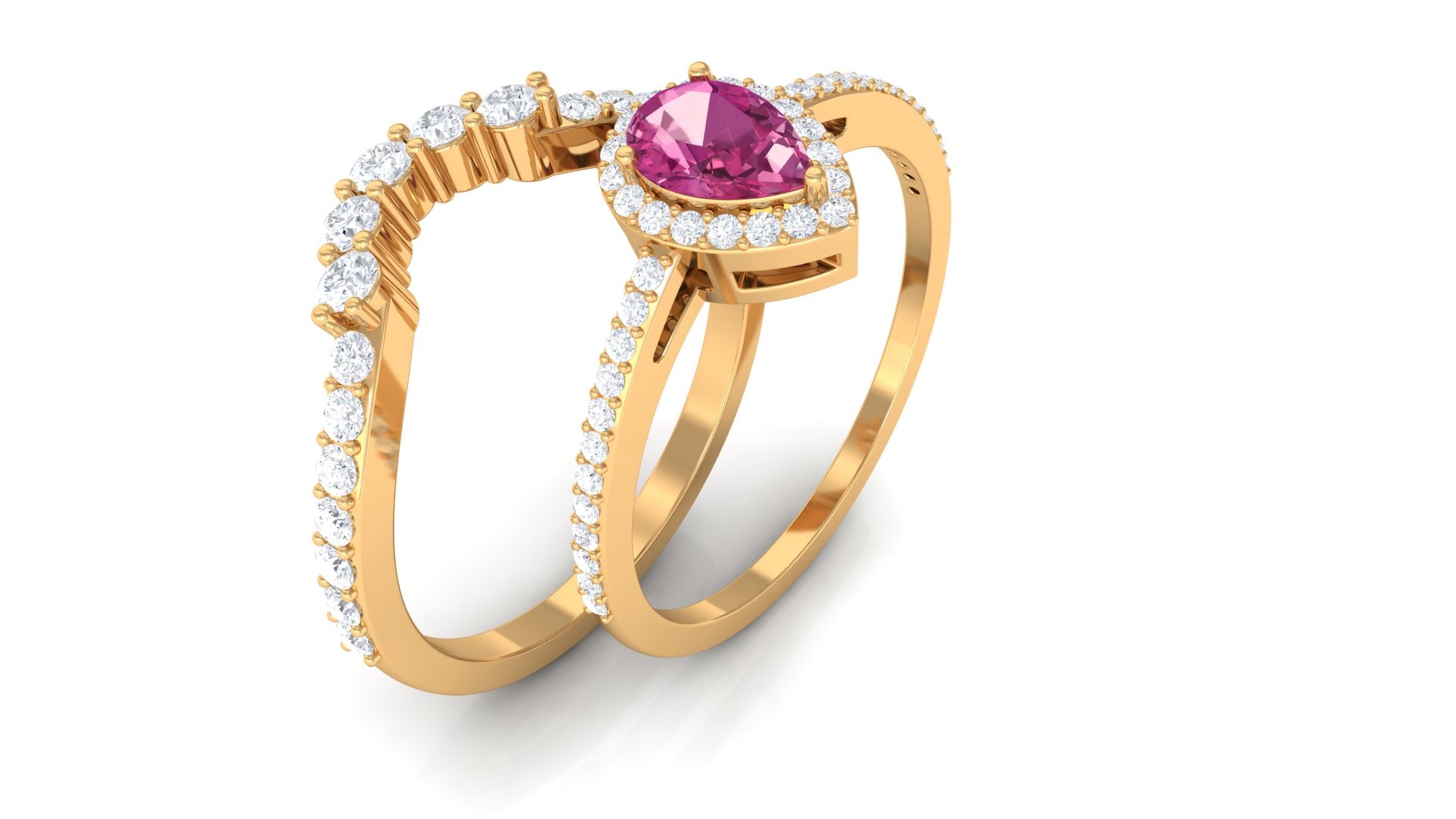 Pink tourmaline Designer Teardrop Ring Set with Moissanite Halo Pink Tourmaline - ( AAA ) - Quality - Rosec Jewels