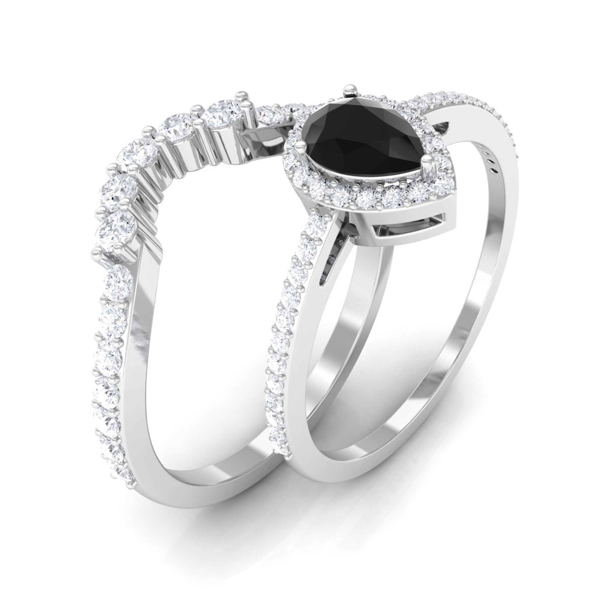 Black Onyx Teardrop Designer Ring Set with Moissanite Black Onyx - ( AAA ) - Quality - Rosec Jewels