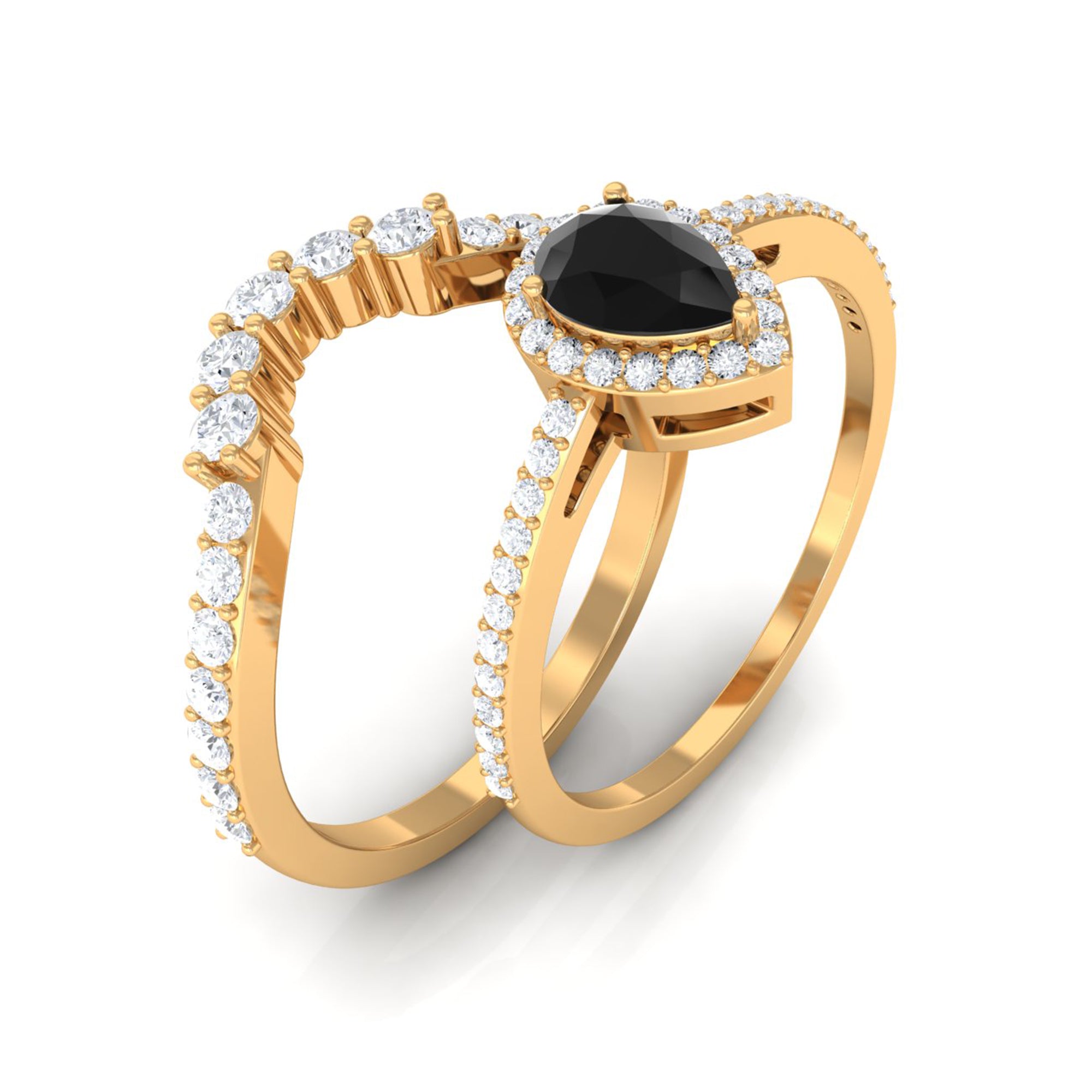 Black Onyx Teardrop Designer Ring Set with Moissanite Black Onyx - ( AAA ) - Quality - Rosec Jewels