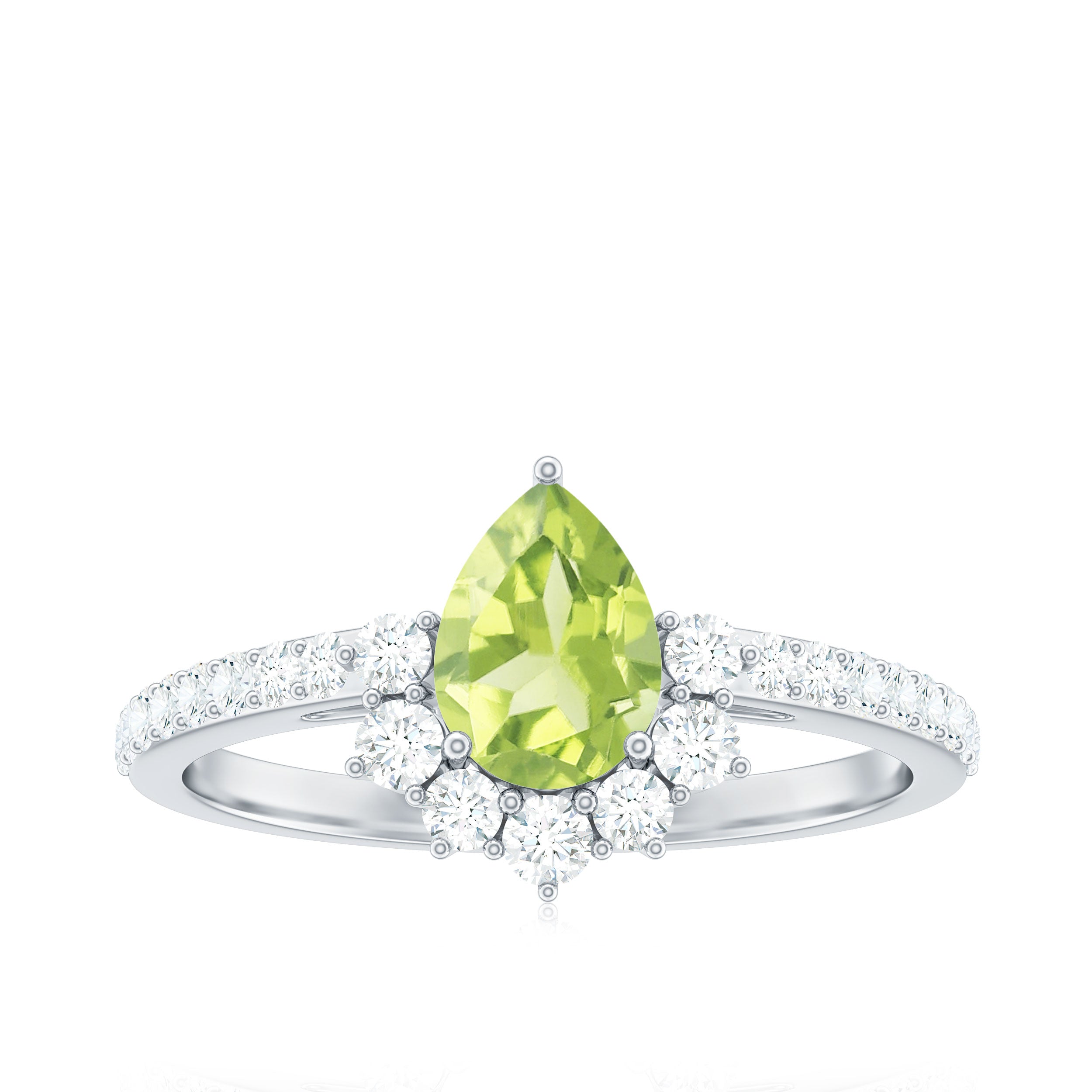 Pear Cut Natural Peridot Ring with Diamond Half Halo Peridot - ( AAA ) - Quality - Rosec Jewels