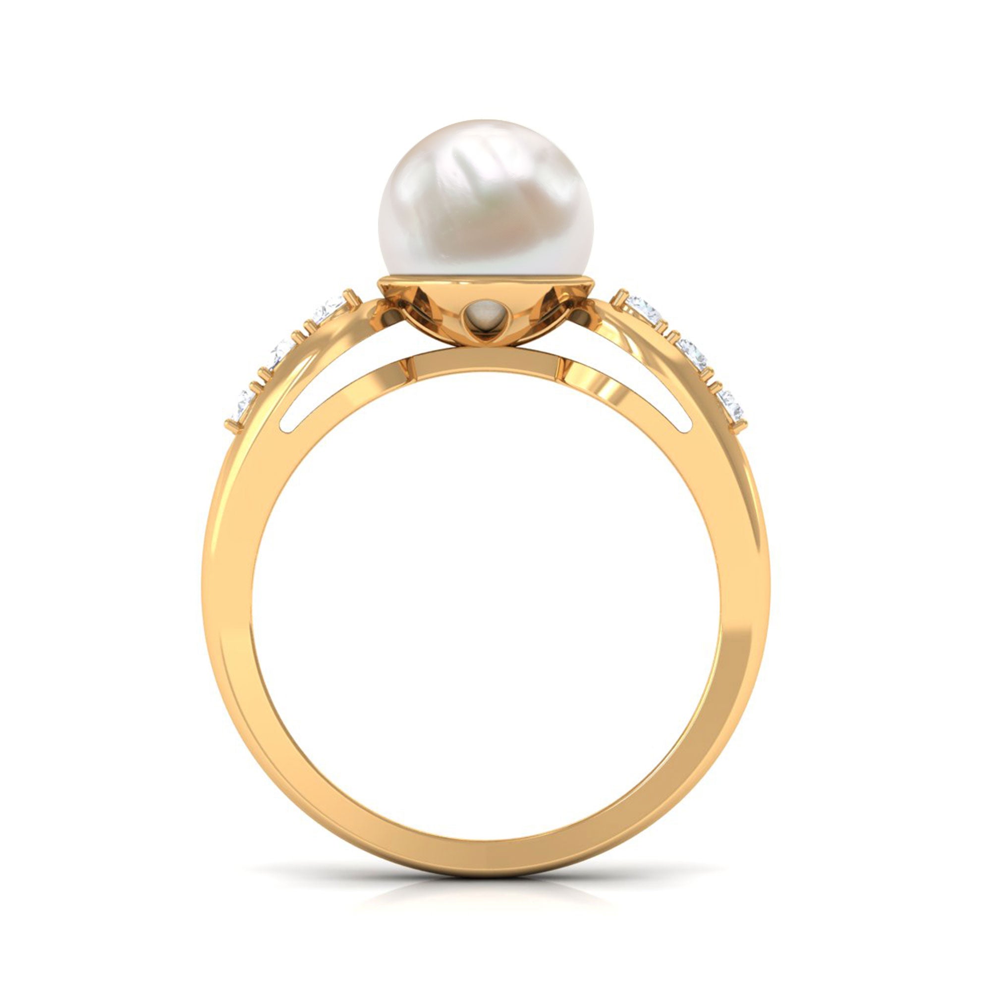 Bead Set Freshwater Pearl Solitaire Ring with Diamond Side Stones Freshwater Pearl - ( AAA ) - Quality - Rosec Jewels