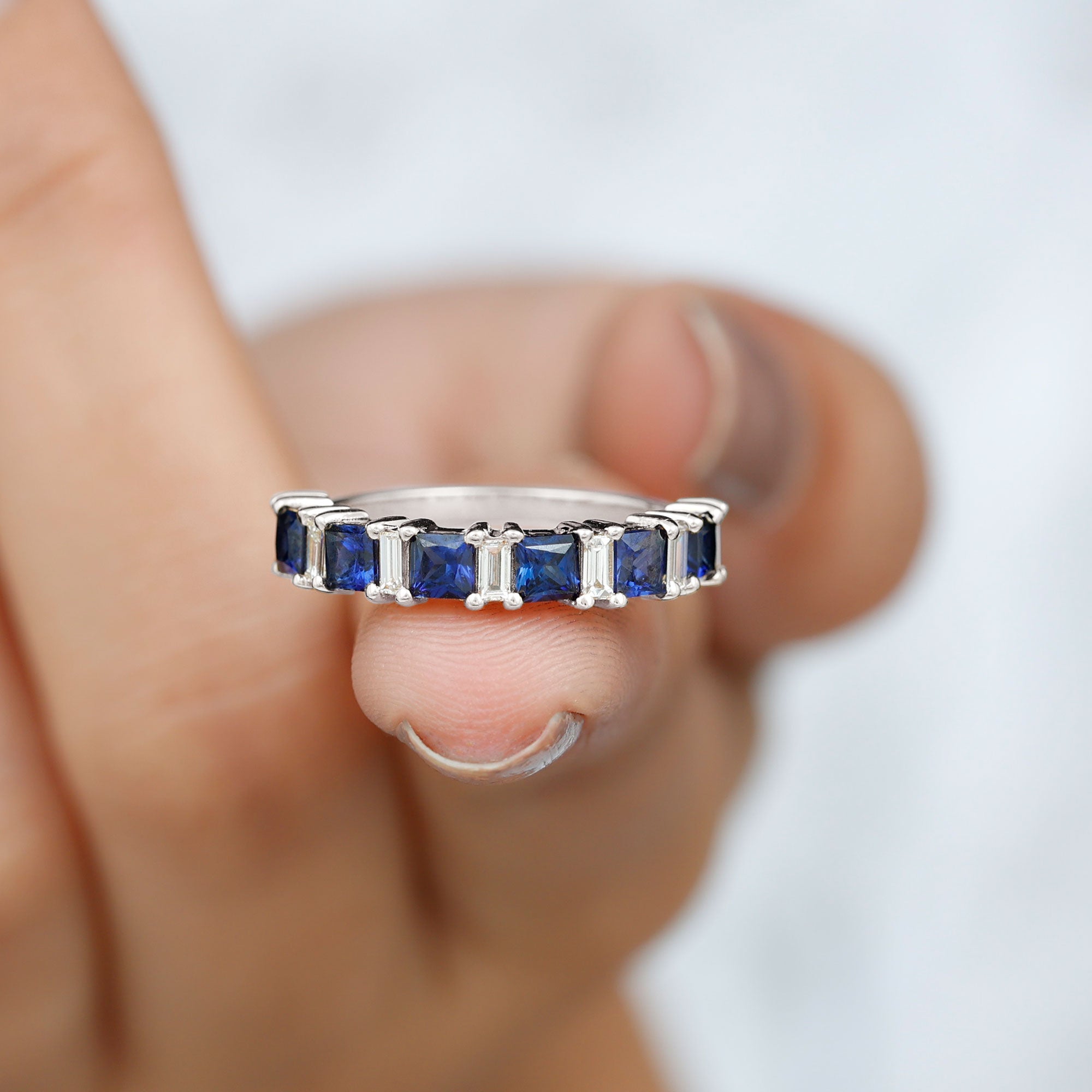 Princess Cut Created Blue Sapphire Half Eternity Ring with Diamond Lab Created Blue Sapphire - ( AAAA ) - Quality - Rosec Jewels