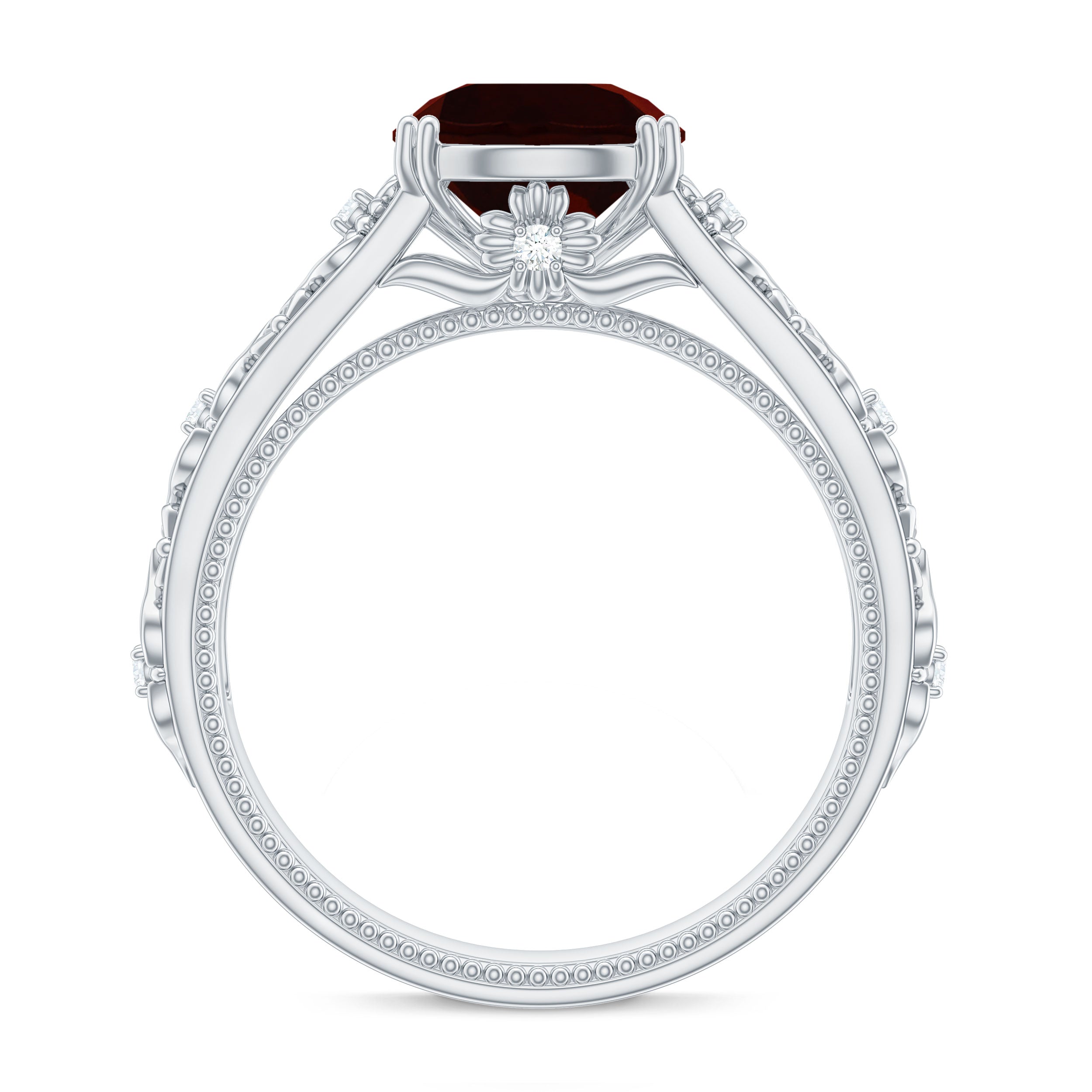 Solitaire Garnet Flower Engagement Ring with Diamond Garnet - ( AAA ) - Quality - Rosec Jewels