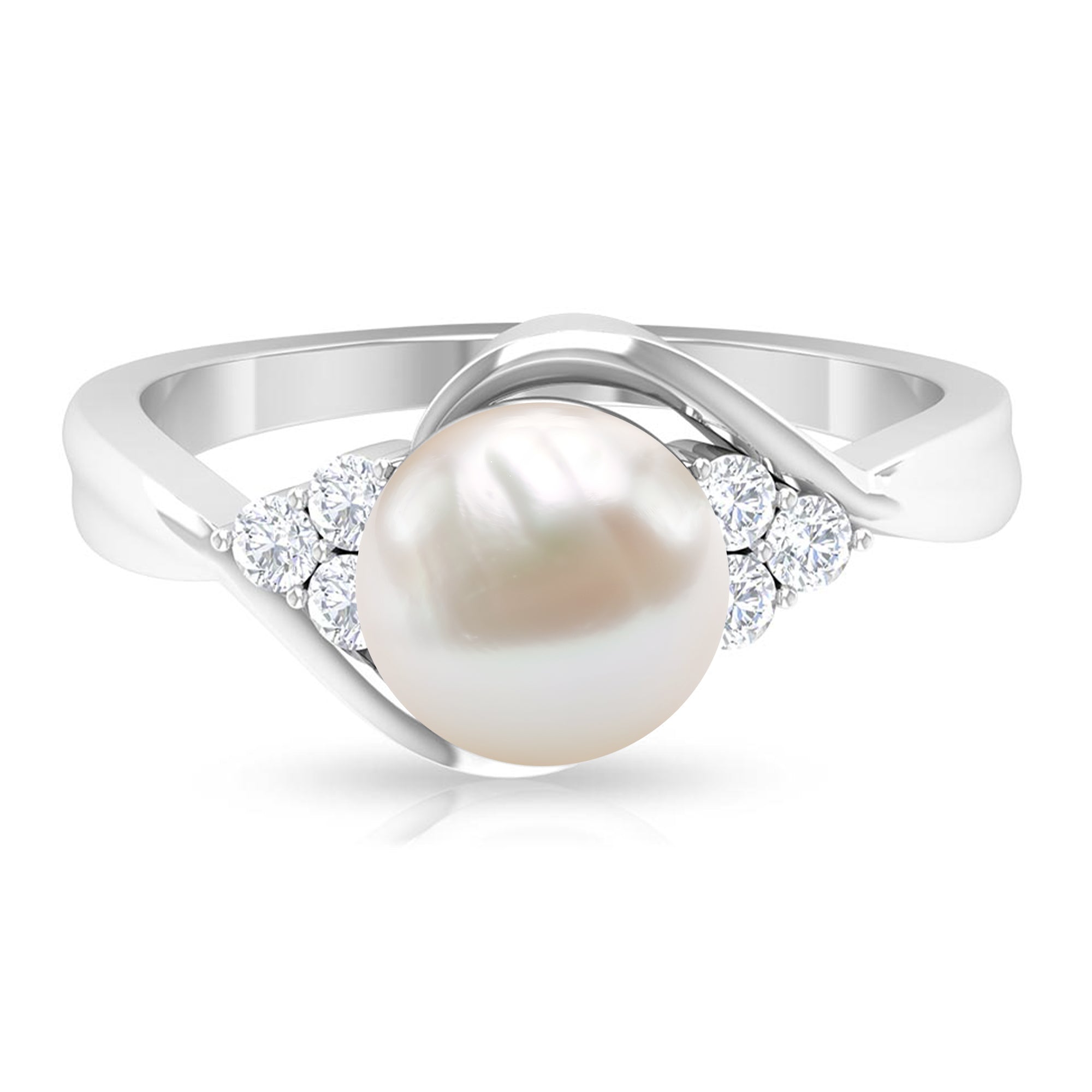 Pure Freshwater Pearl Bypass Engagement Ring with Diamond Trio Freshwater Pearl - ( AAA ) - Quality - Rosec Jewels