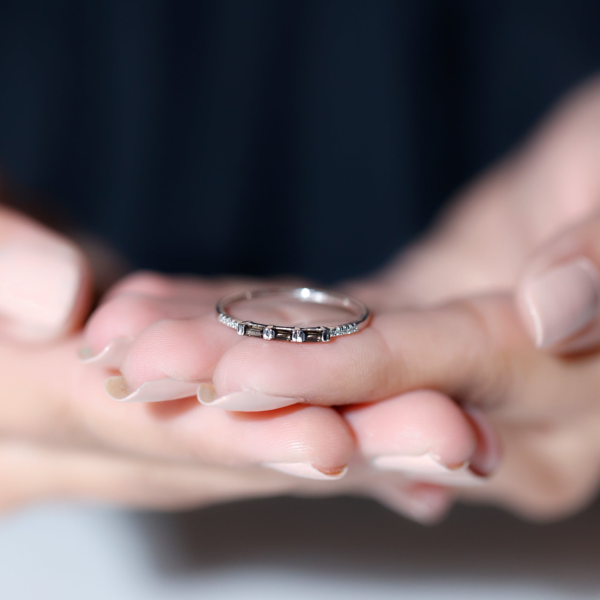 Baguette Shape Smoky Quartz Stackable Ring with Diamond Smoky Quartz - ( AAA ) - Quality - Rosec Jewels