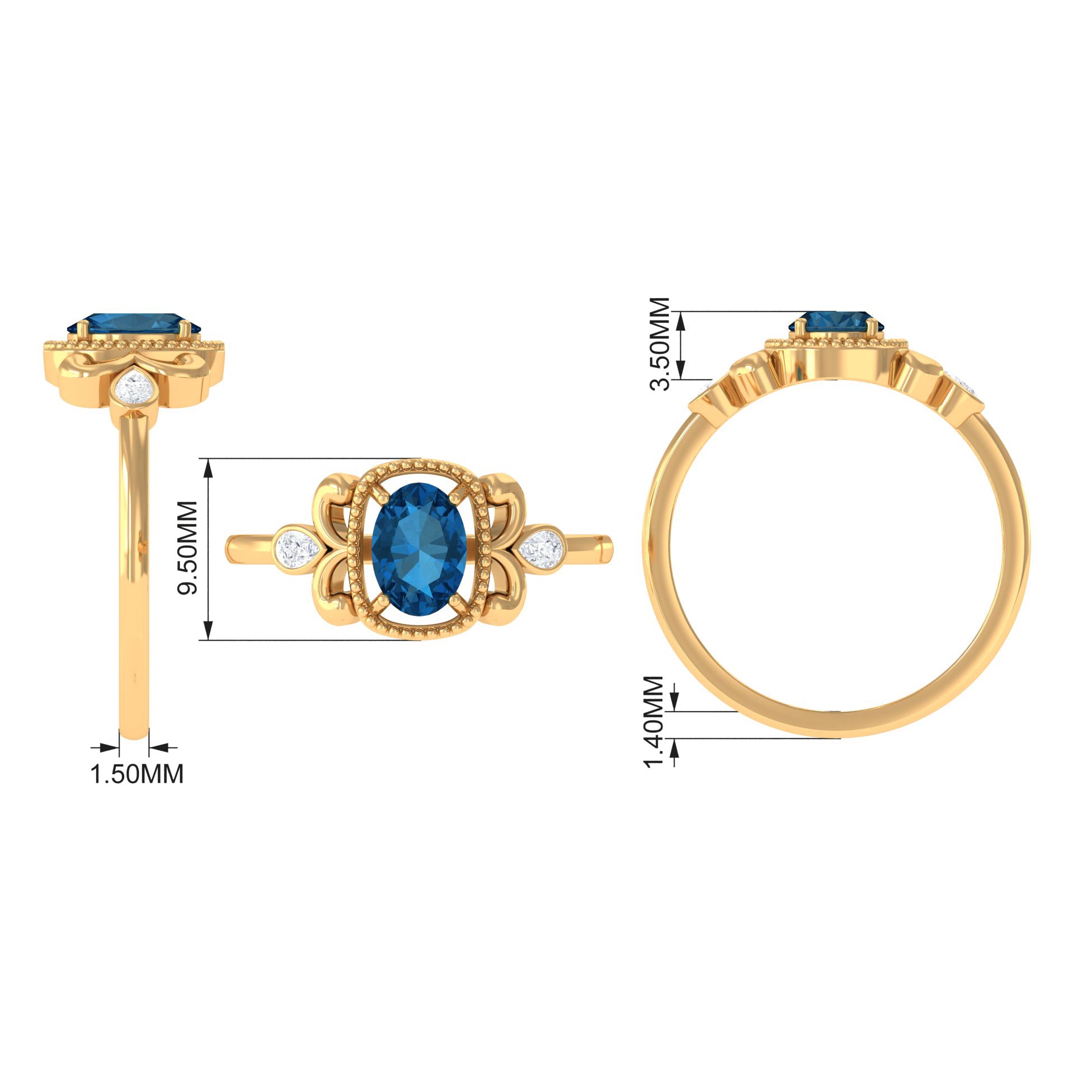 1.25 CT Oval London Blue Topaz Vintage Solitaire Ring with Diamond and Beaded London Blue Topaz - ( AAA ) - Quality - Rosec Jewels