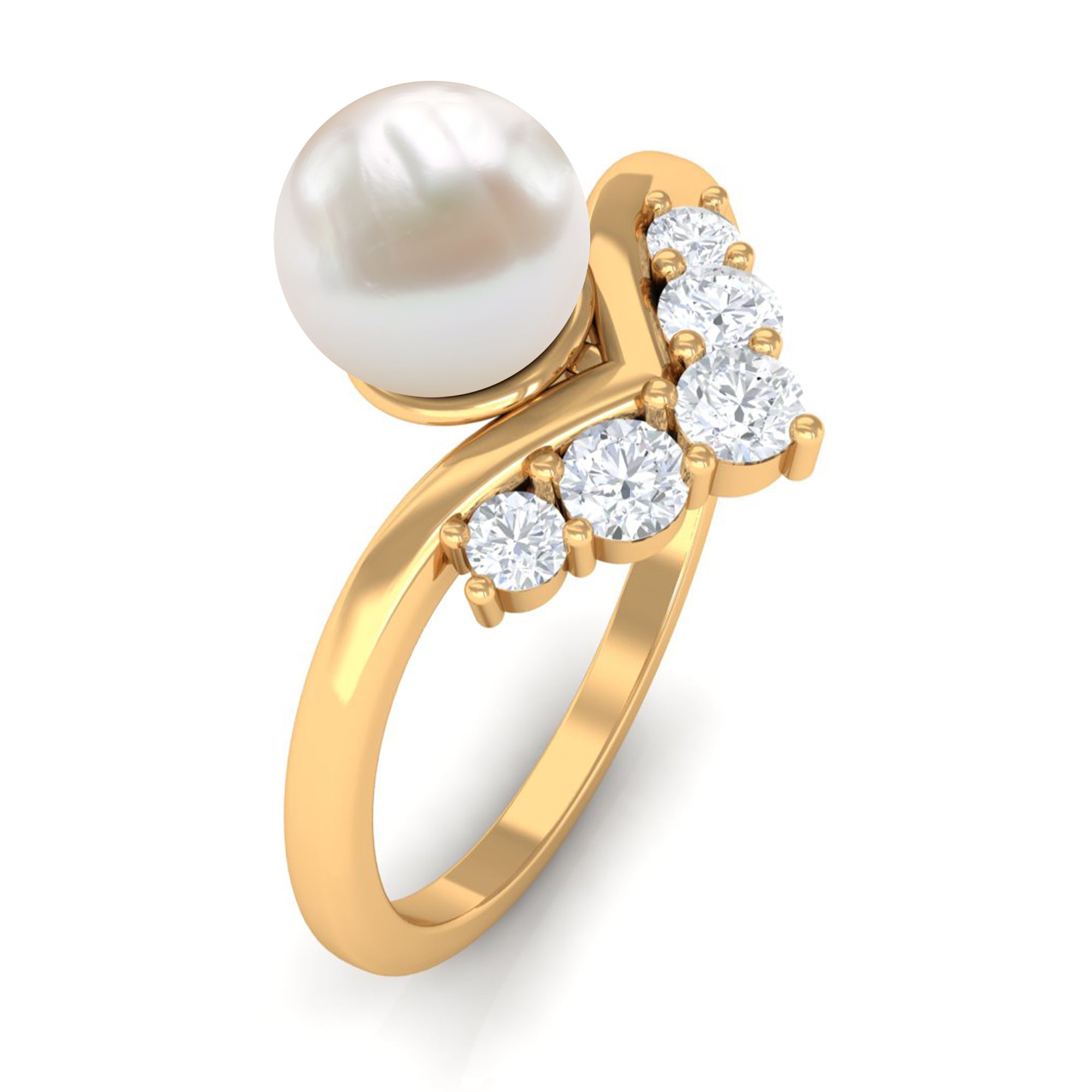 Freshwater Pearl and Diamond Minimal Chevron Ring Freshwater Pearl - ( AAA ) - Quality - Rosec Jewels