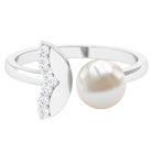 Round Freshwater Pearl Solitaire Cuff Ring with Diamond Freshwater Pearl - ( AAA ) - Quality - Rosec Jewels