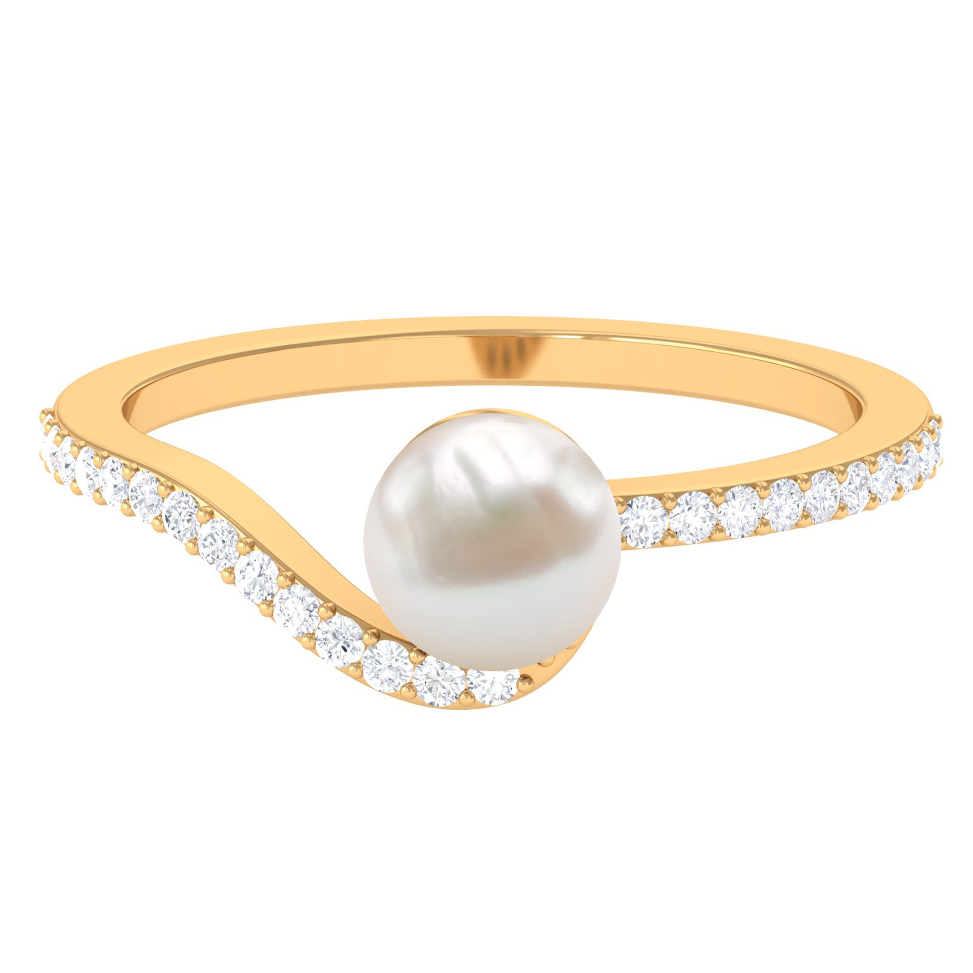 Pure Freshwater Pearl Minimal Bypass Engagement Ring with Diamond Freshwater Pearl - ( AAA ) - Quality - Rosec Jewels