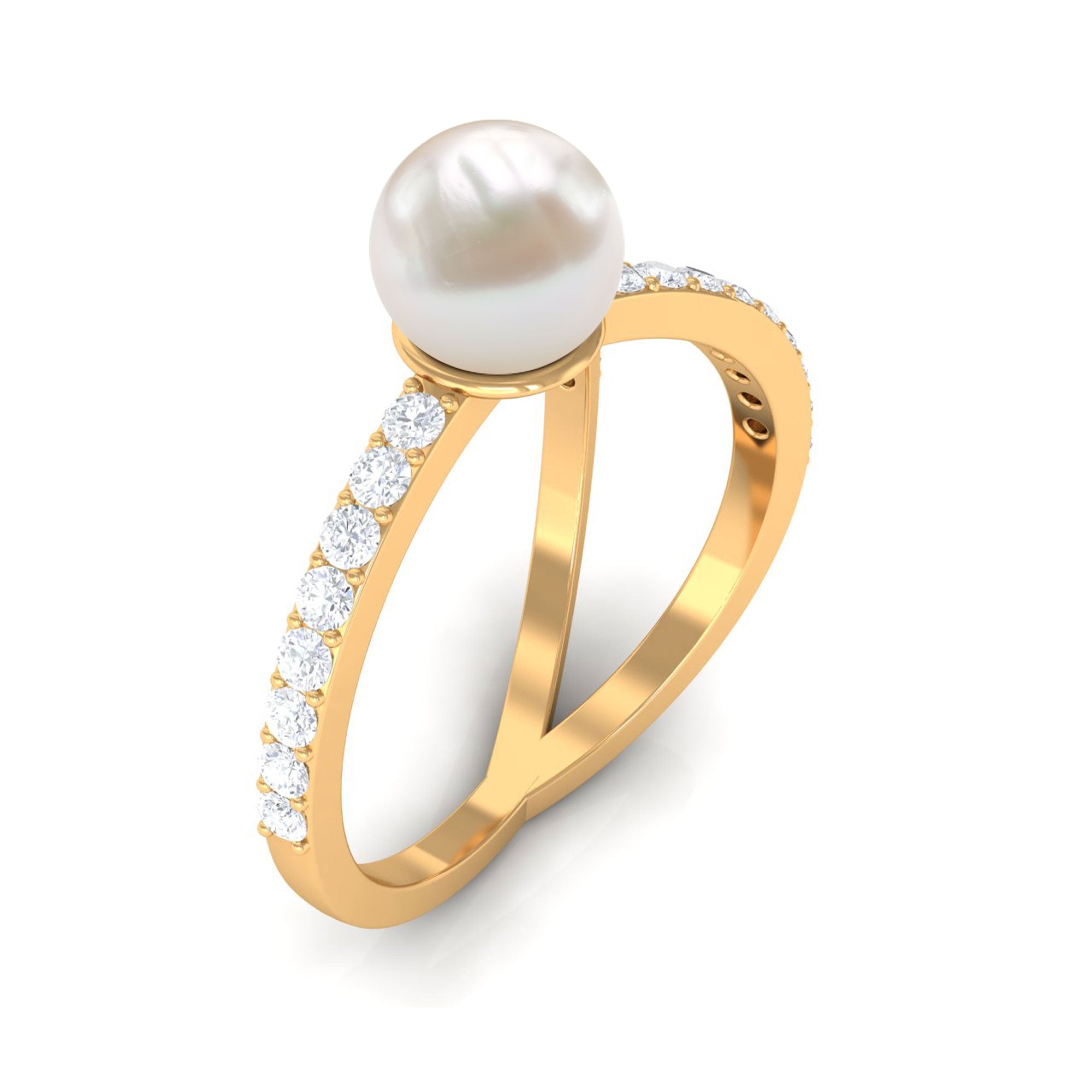 3 CT Freshwater Pearl Solitaire and Diamond Split Shank Ring Freshwater Pearl - ( AAA ) - Quality - Rosec Jewels