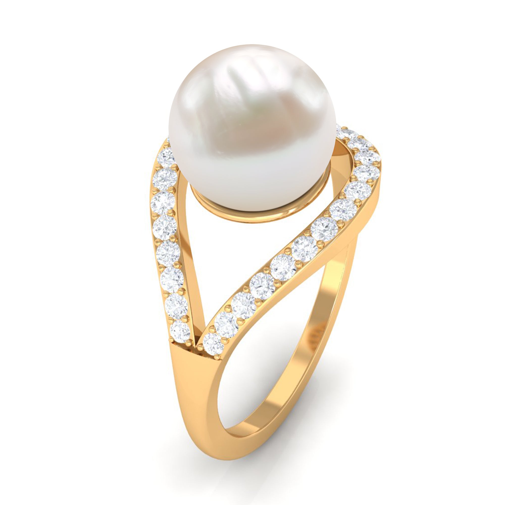 Designer Freshwater Pearl Solitaire and Diamond Ring Freshwater Pearl - ( AAA ) - Quality - Rosec Jewels