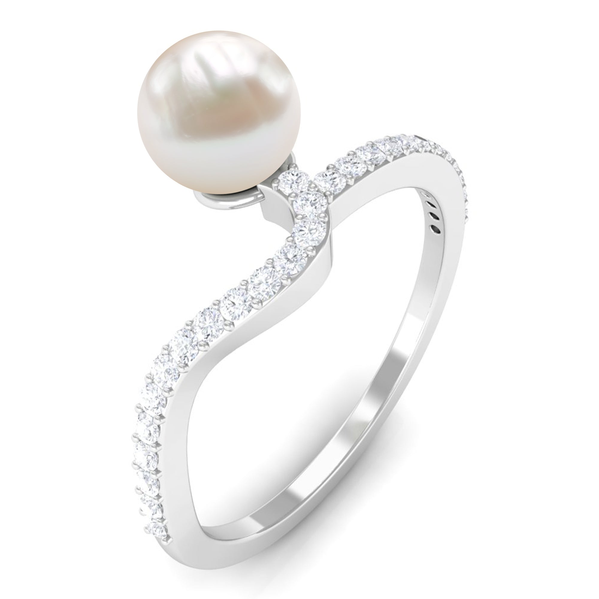 Freshwater Pearl Curved Engagement Ring with Diamond Freshwater Pearl - ( AAA ) - Quality - Rosec Jewels