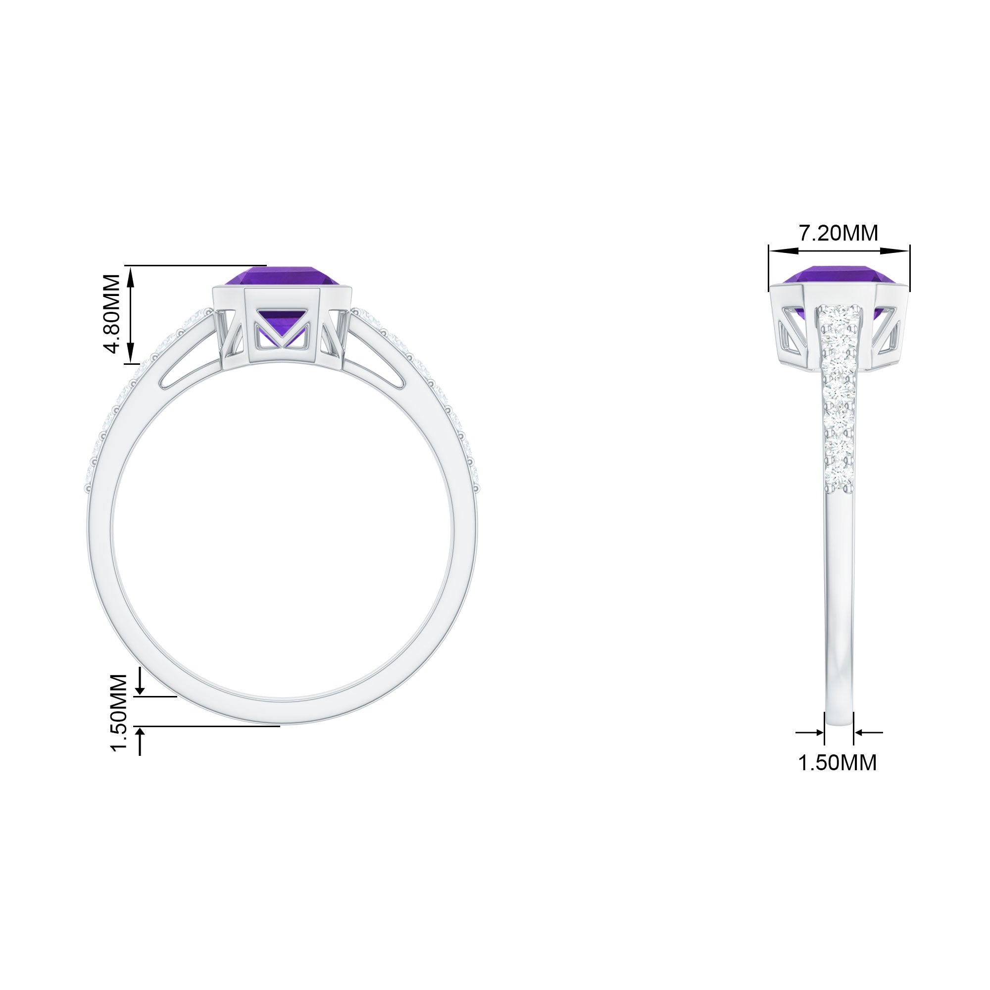 Bezel Asscher Amethyst Solitaire Ring with Diamond Side Stones Amethyst - ( AAA ) - Quality - Rosec Jewels