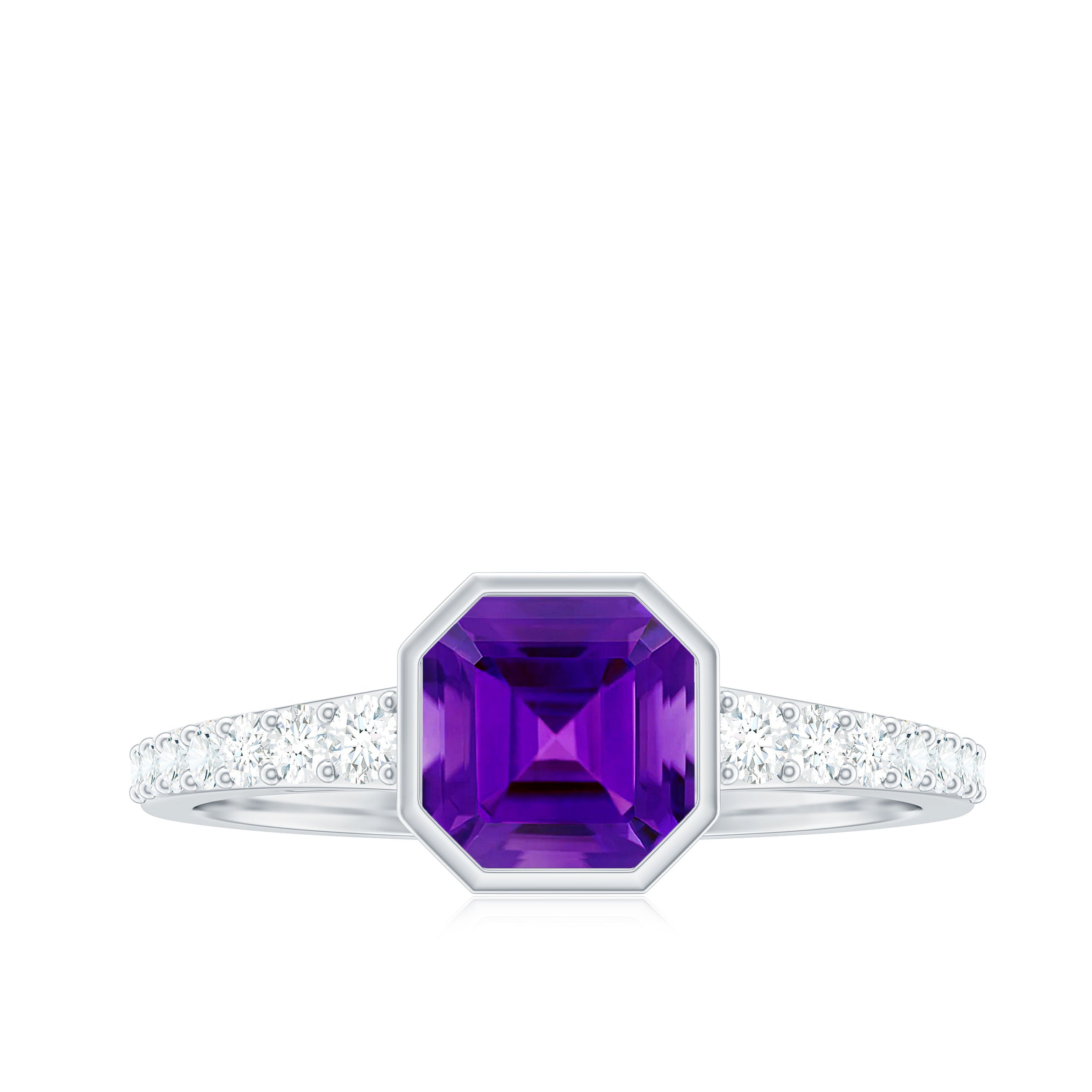 Bezel Asscher Amethyst Solitaire Ring with Diamond Side Stones Amethyst - ( AAA ) - Quality - Rosec Jewels