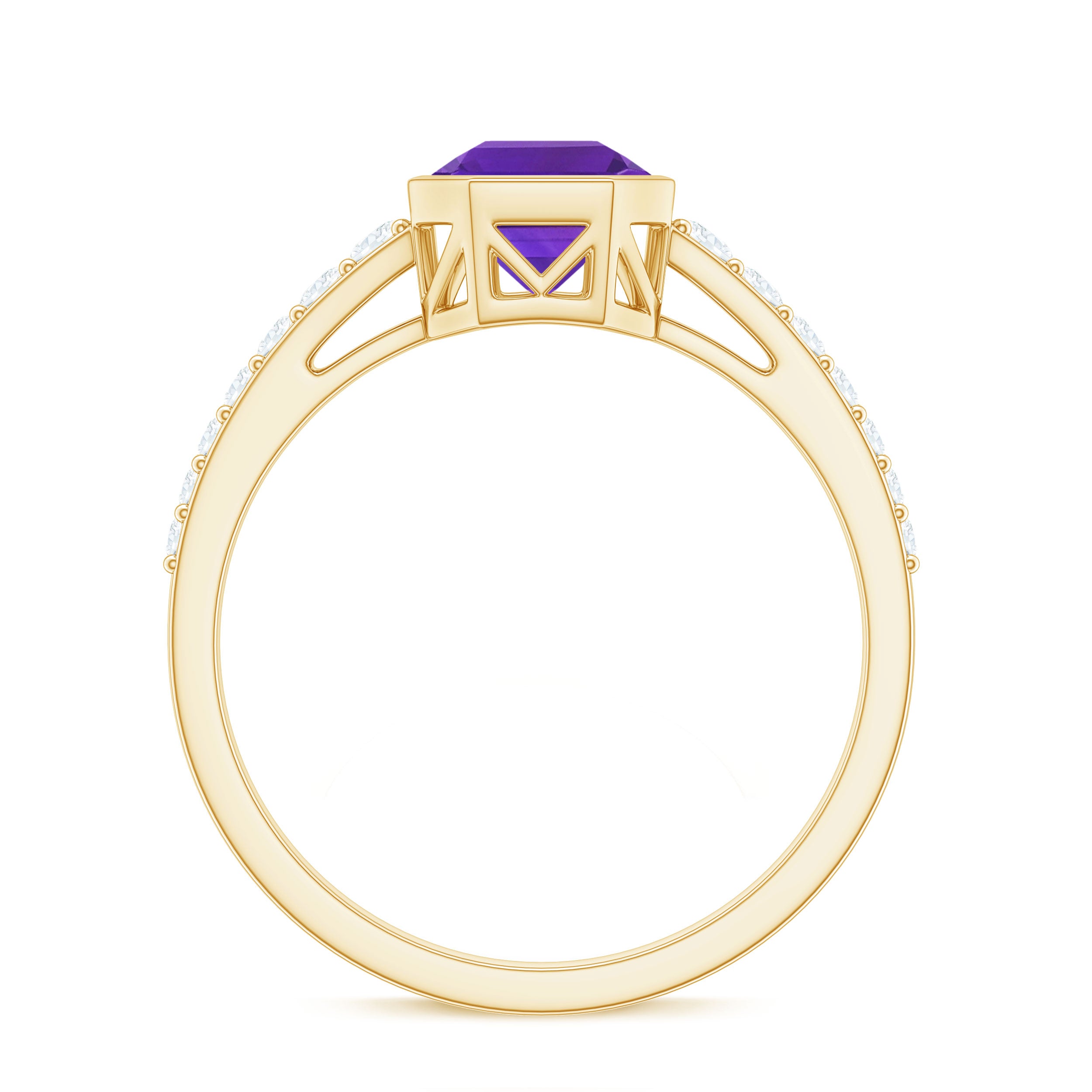 Bezel Asscher Amethyst Solitaire Ring with Diamond Side Stones Amethyst - ( AAA ) - Quality - Rosec Jewels