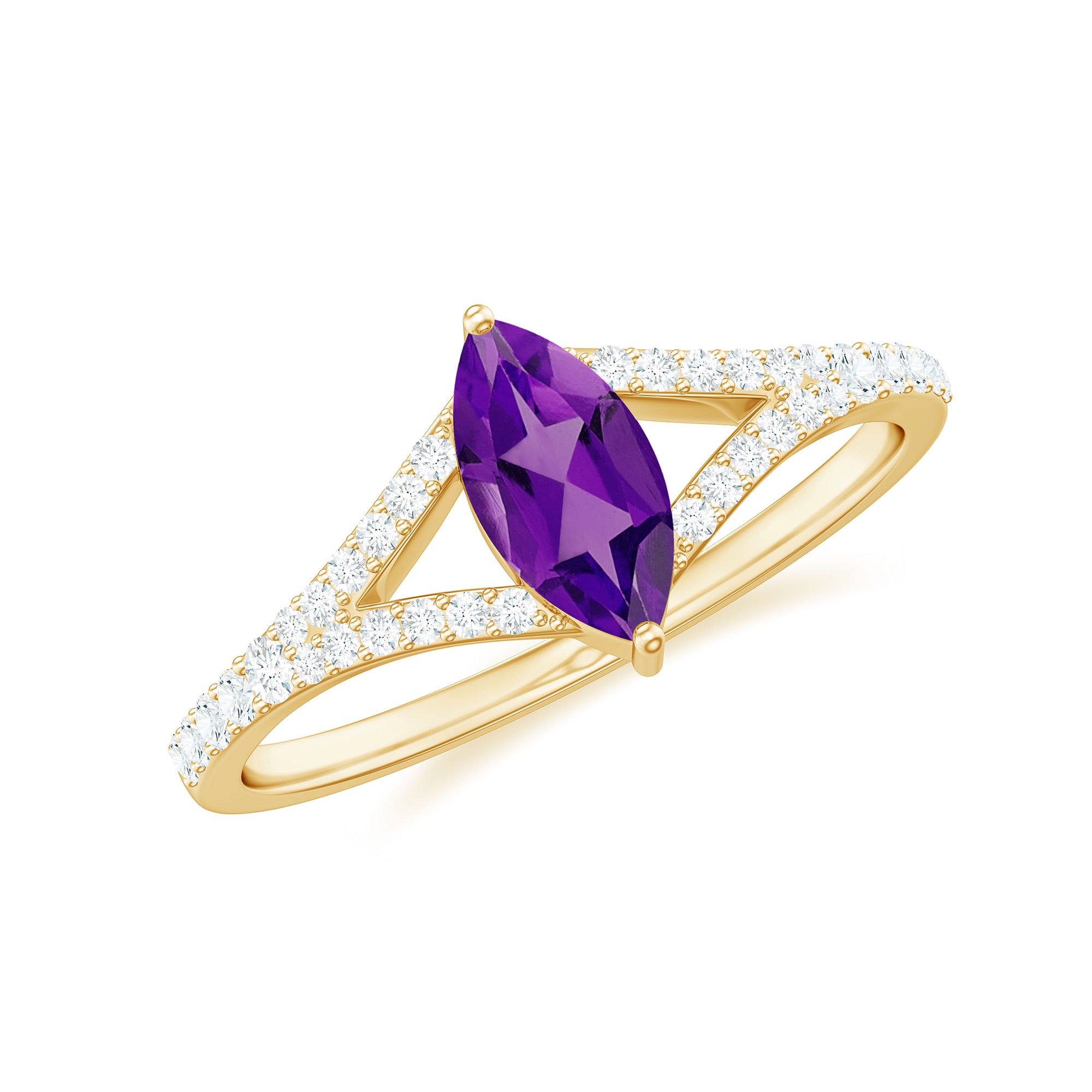 Marquise Amethyst Split Shank Engagement Ring with Diamond Amethyst - ( AAA ) - Quality - Rosec Jewels