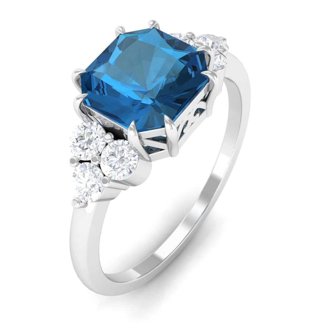 Asscher Cut London Blue Topaz Solitaire Ring with Diamond Trio London Blue Topaz - ( AAA ) - Quality - Rosec Jewels