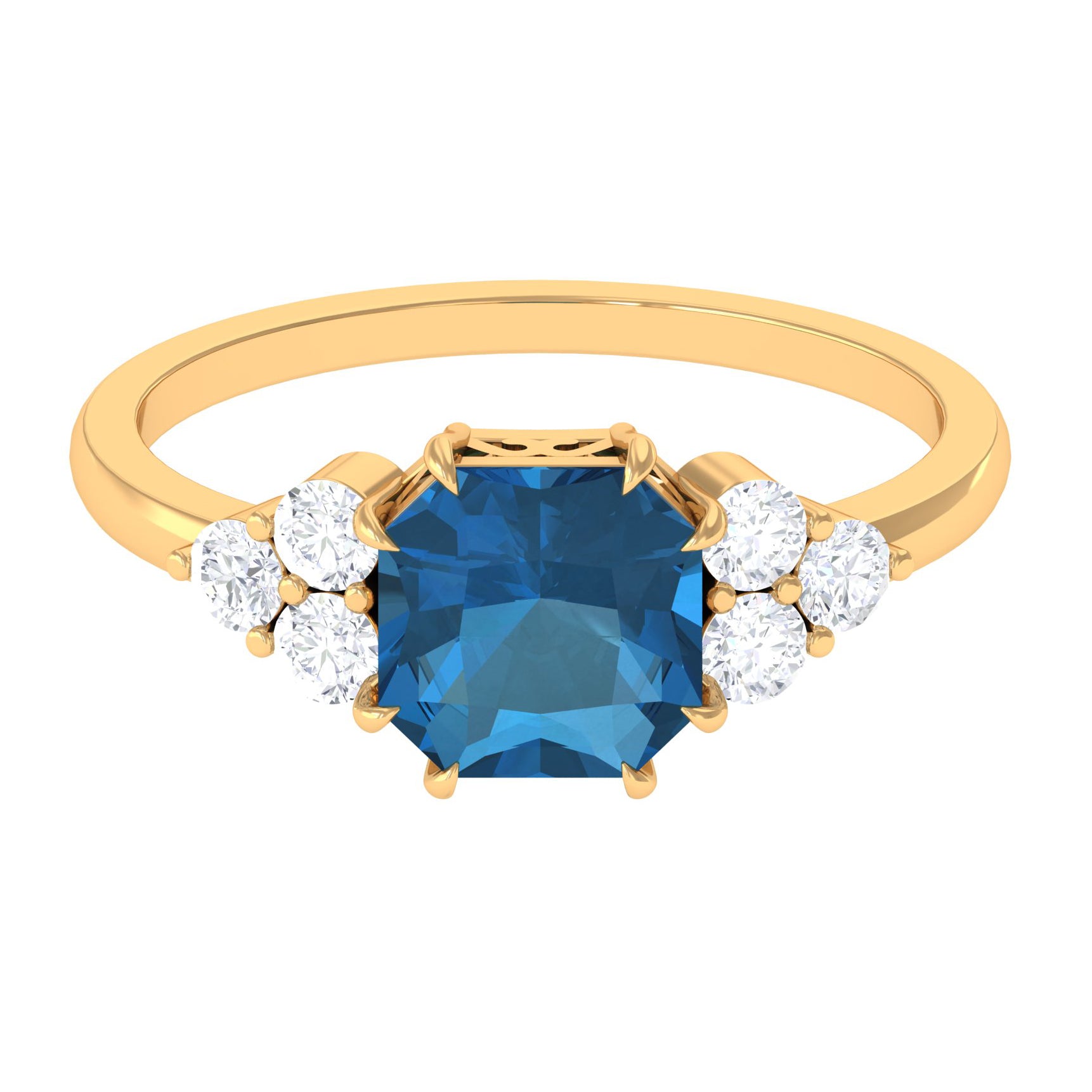 Asscher Cut London Blue Topaz Solitaire Ring with Diamond Trio London Blue Topaz - ( AAA ) - Quality - Rosec Jewels