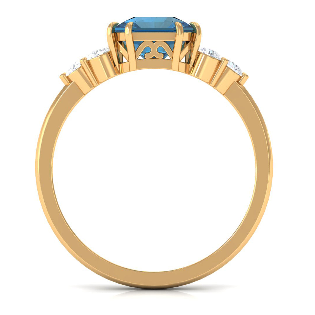 Asscher Cut London Blue Topaz Solitaire Ring with Diamond Trio London Blue Topaz - ( AAA ) - Quality - Rosec Jewels